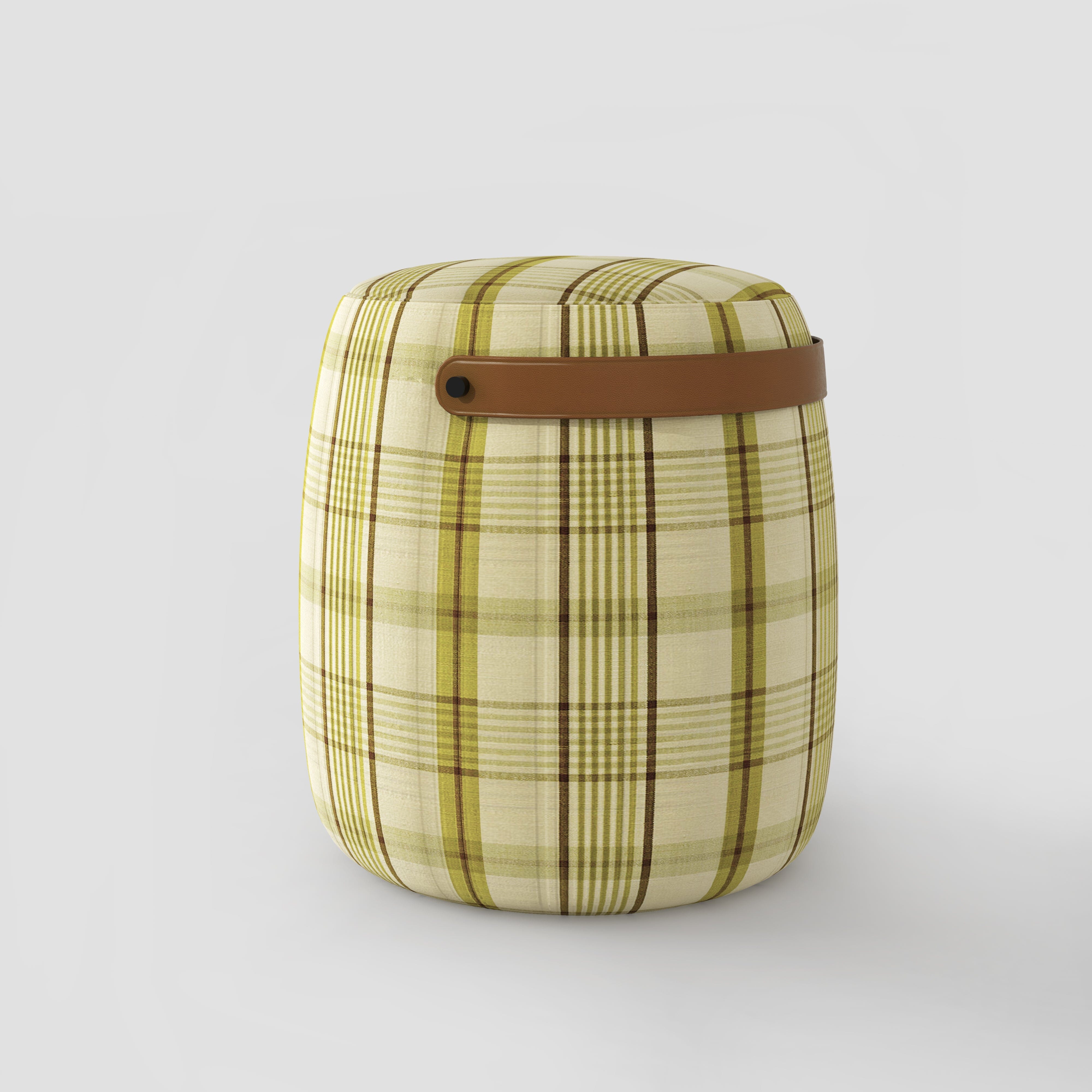 Haven British Check Round Pouffe Footstool with Leather Handle Cottonfy UK Moss Green In Stock 