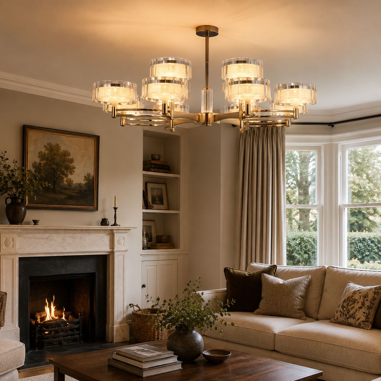 clear shade metal chandelier above a sofa and fireplace