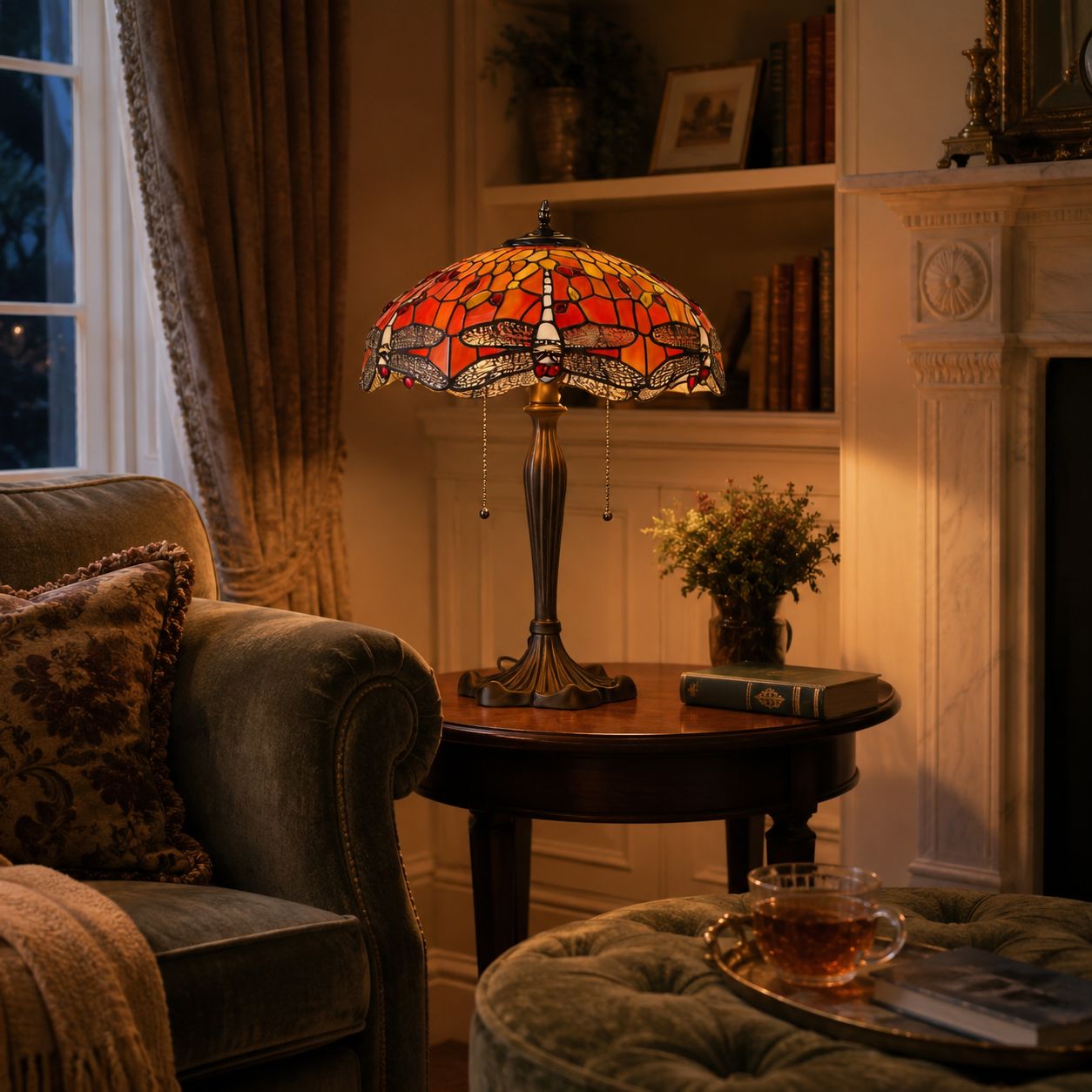 Orange Tiffany table lamp glowing on a side table in a warm living room