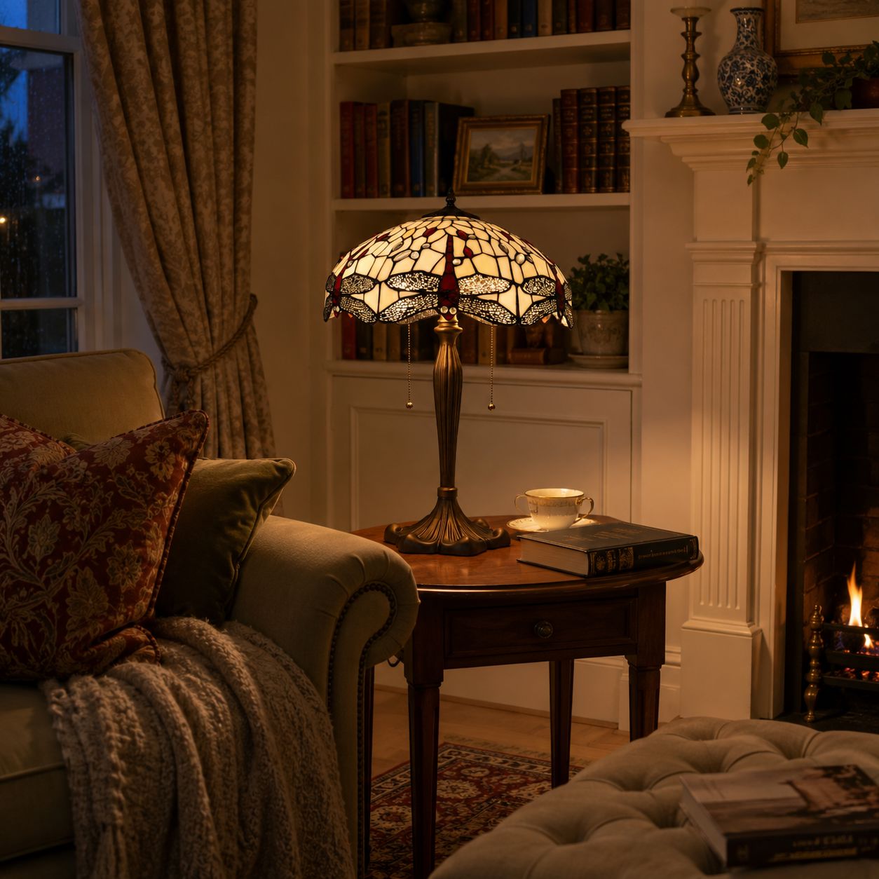 White dragonfly Tiffany lamp glowing on a side table in a classic sitting room