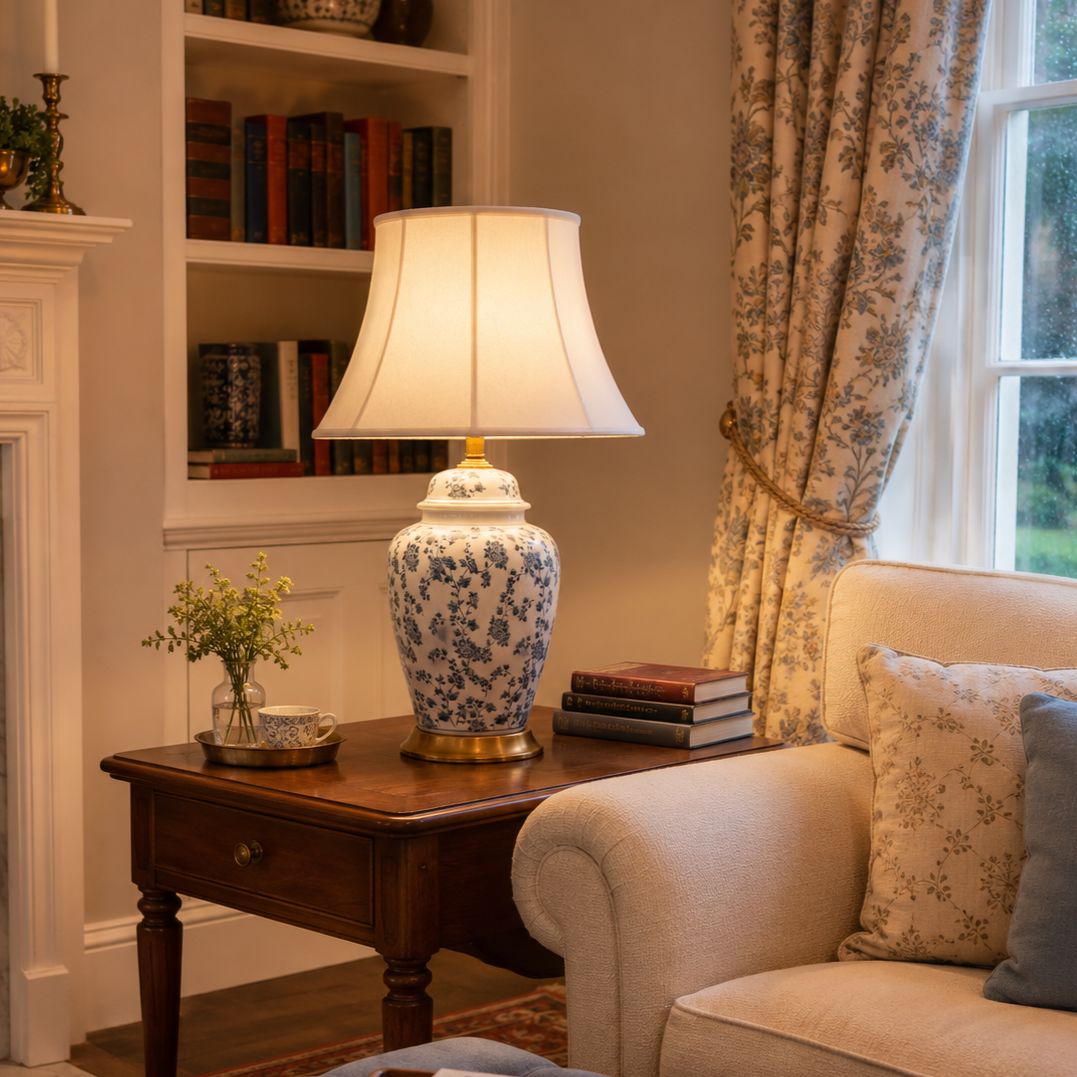 Lightsin Blue Floral Ceramic Table Lamp with Fabric Shade and Brass Base Lightsin UK 