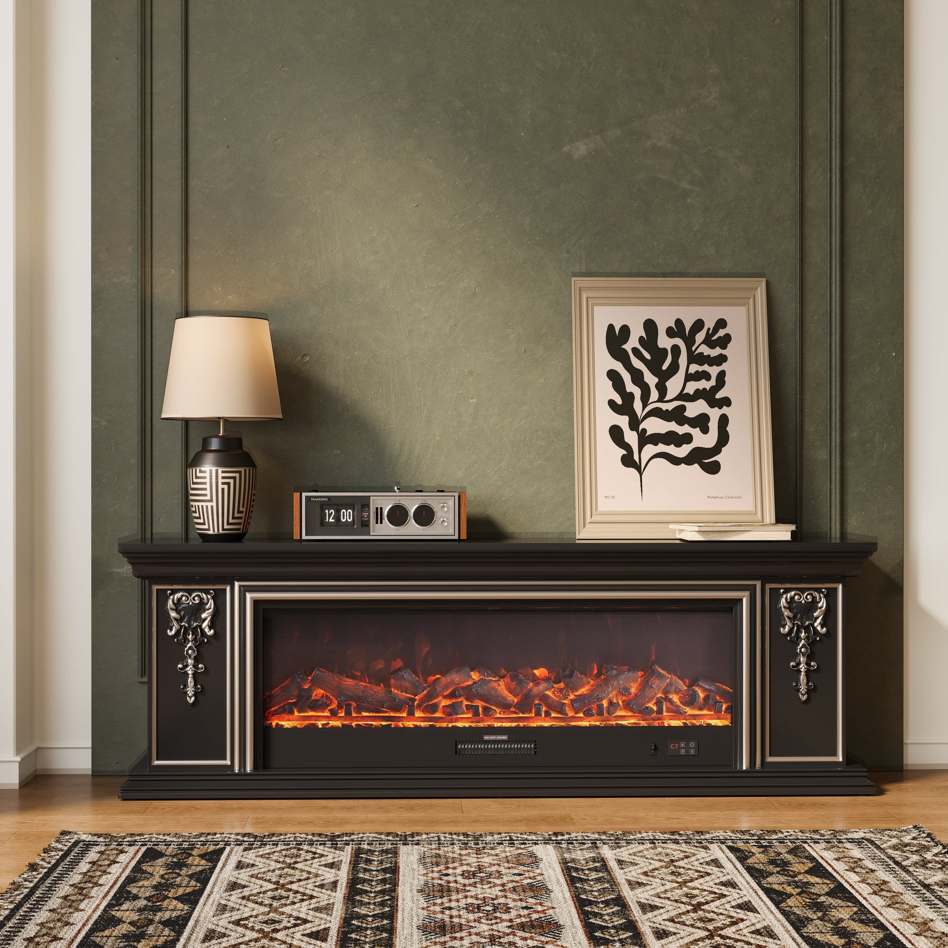 Black Gold Trim TV Cabinet Electric Fireplace with WiFi, APP & Flame Sound Living and Home 