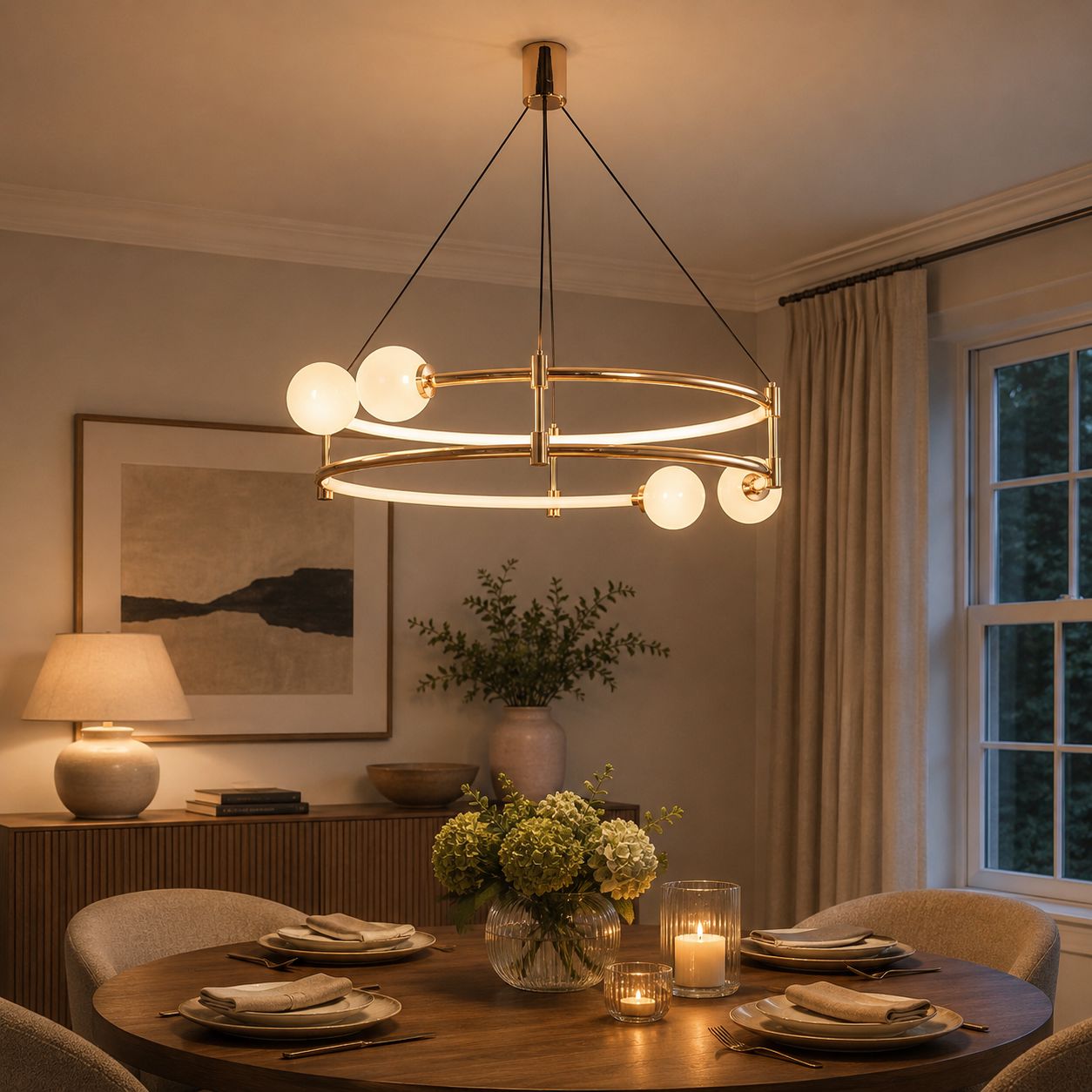 gold ceiling fan light above a dining table