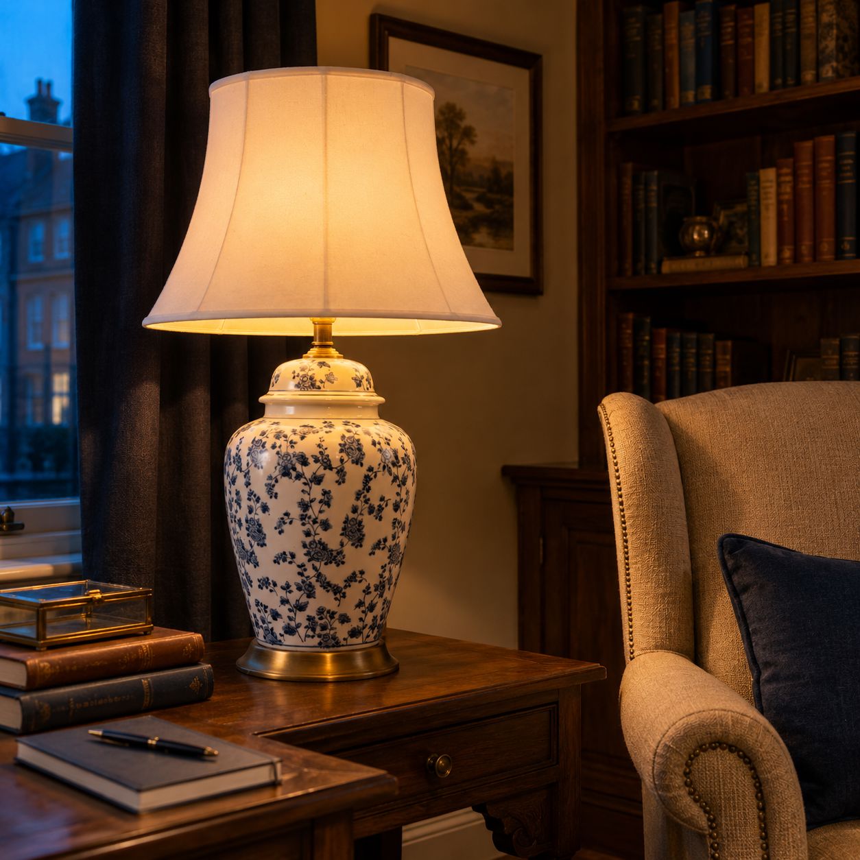 Lightsin Blue Floral Ceramic Table Lamp with Fabric Shade and Brass Base Lightsin UK 