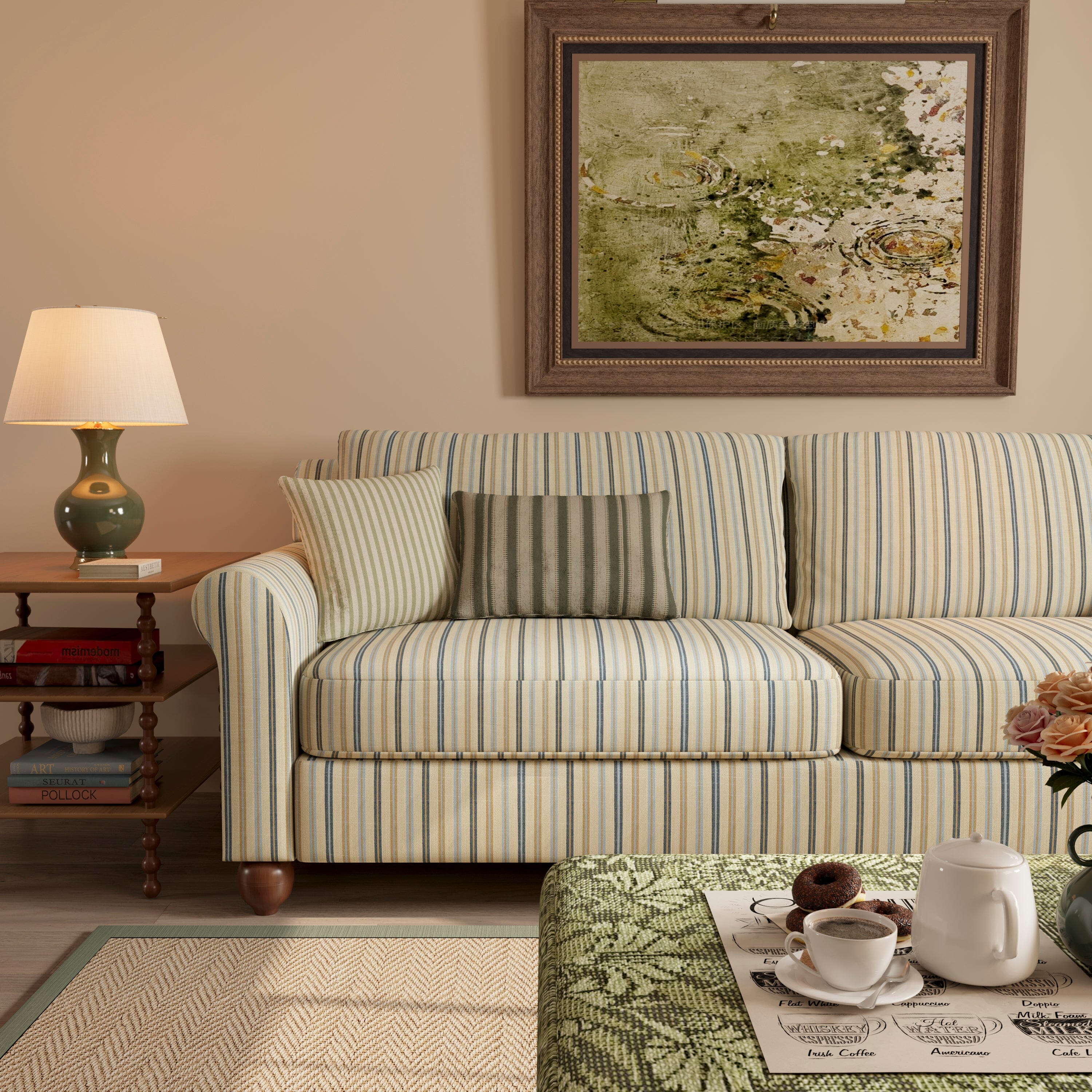 Cottonfy Striped Cotton Linen Blend Rolled Arm Sofa with Soild Wood Bun Feet 2 Seater Sofas Cottonfy UK 