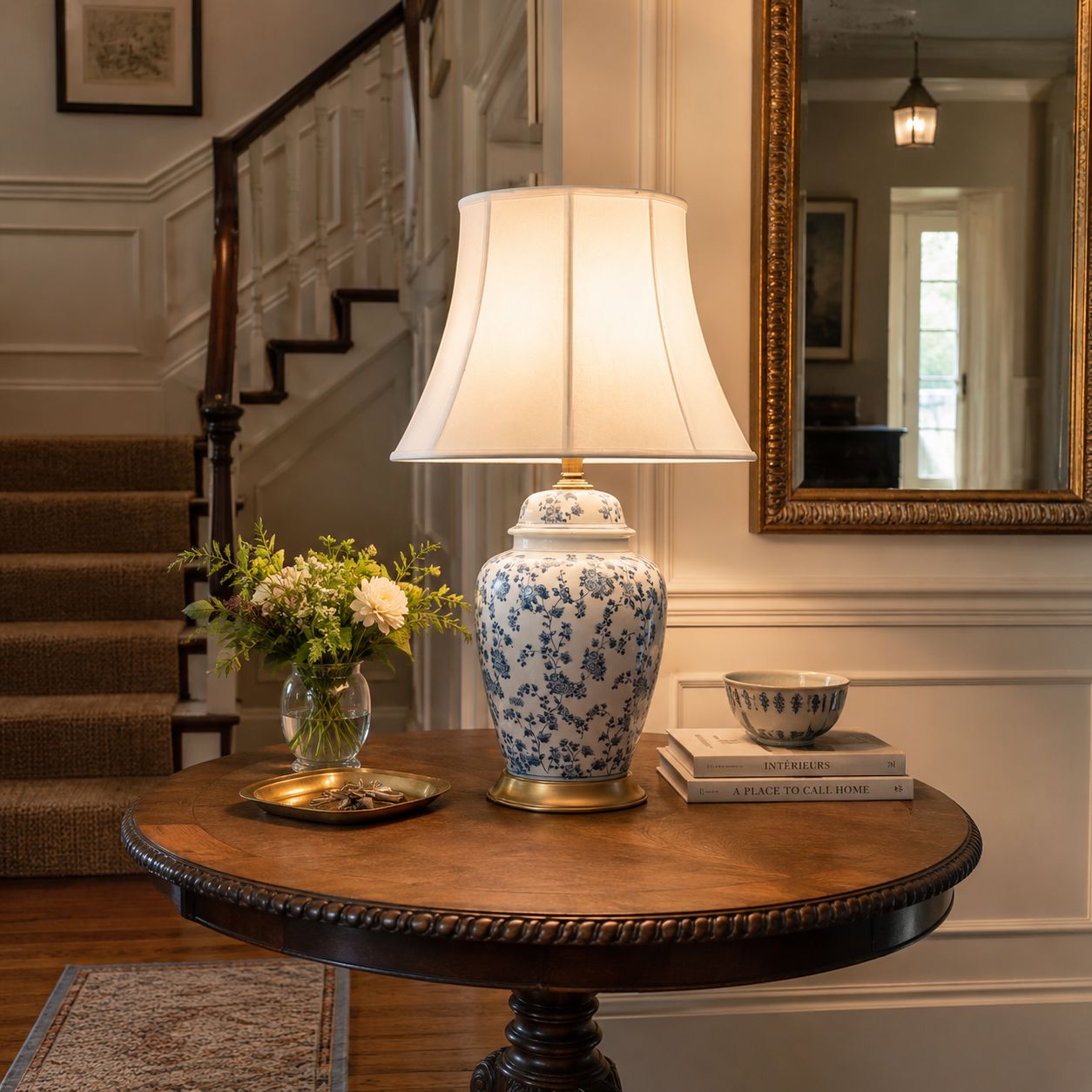 Lightsin Blue Floral Ceramic Table Lamp with Fabric Shade and Brass Base Lightsin UK 