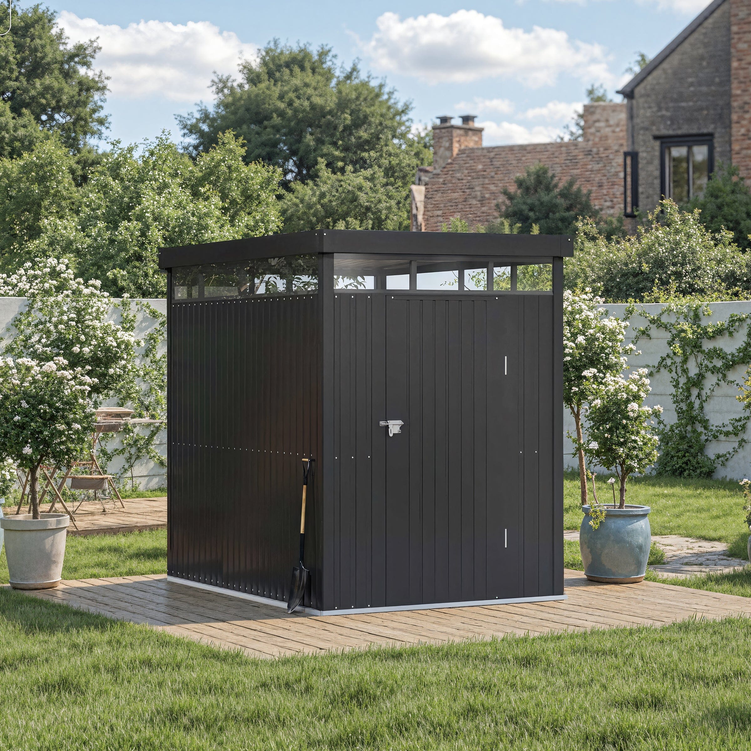 2x2.6x2m/1.6x2.6x2m/2.6x3x2m/4x3x2m Charcoal Black Galvanized Steel Storage Shed with Double/Single Lockable Doors Living and Home 