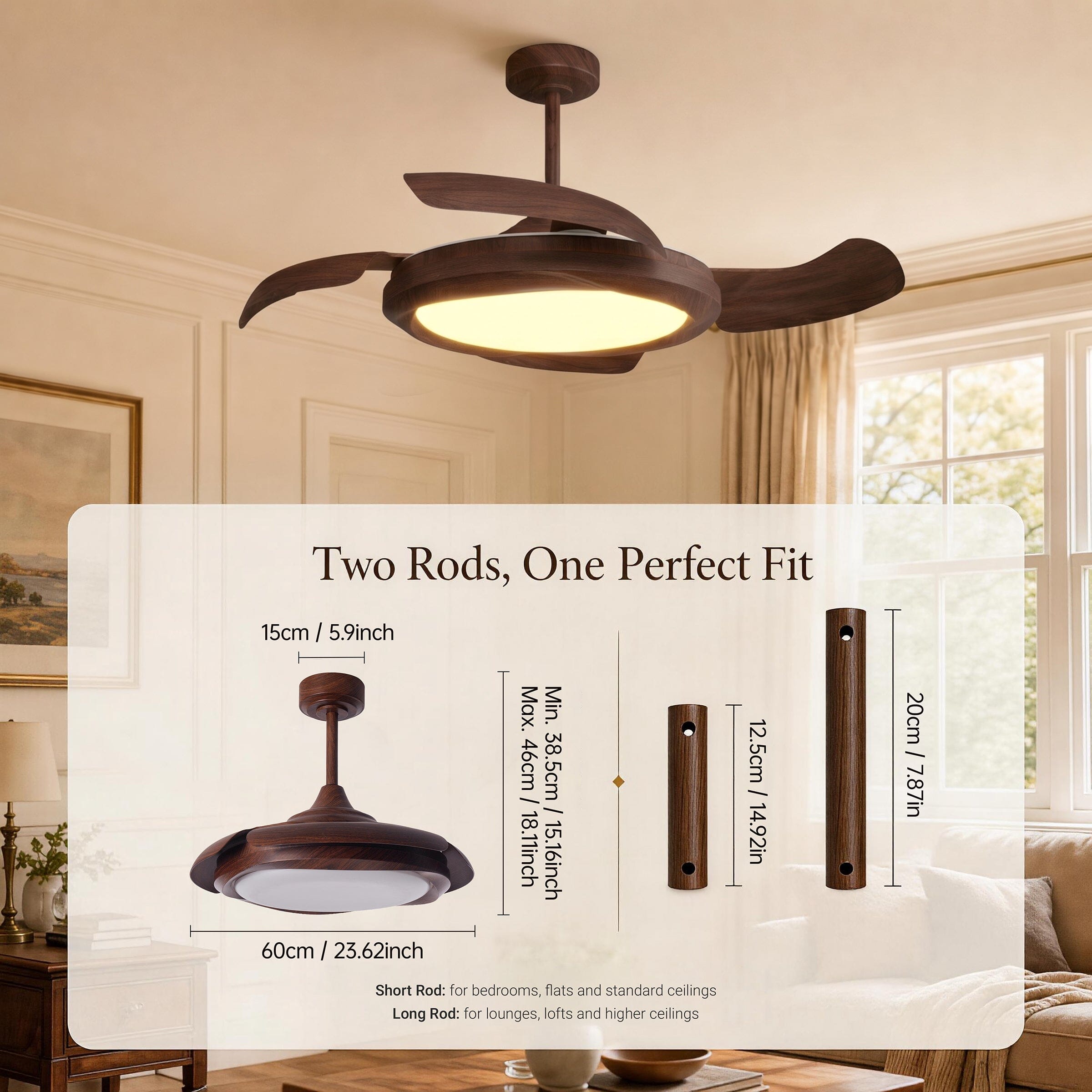 Two downrod options and size guide for walnut effect ceiling fan light
