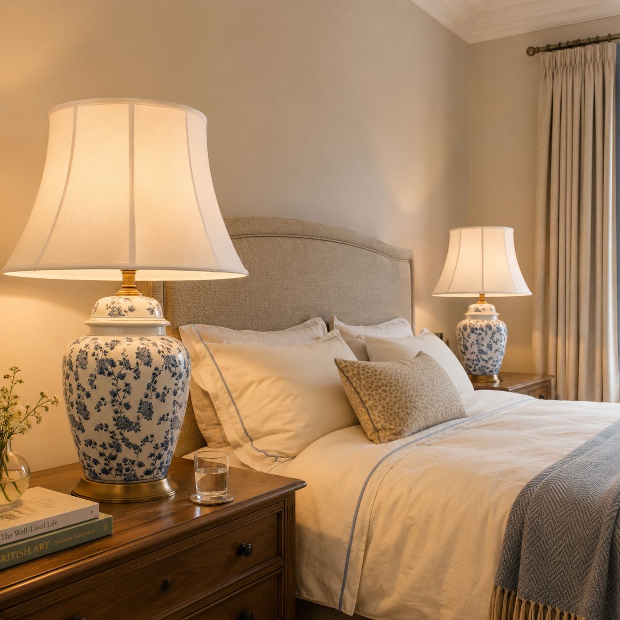 Lightsin Blue Floral Ceramic Table Lamp with Fabric Shade and Brass Base Lightsin UK 