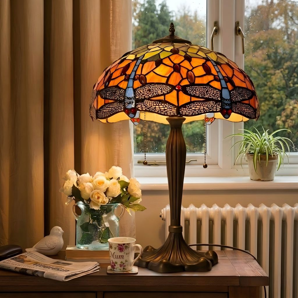 Lightsin Tiffany Table Lamp | Handcrafted Stained Glass Dragonfly Series Blue Dragonfly Lightsin UK 