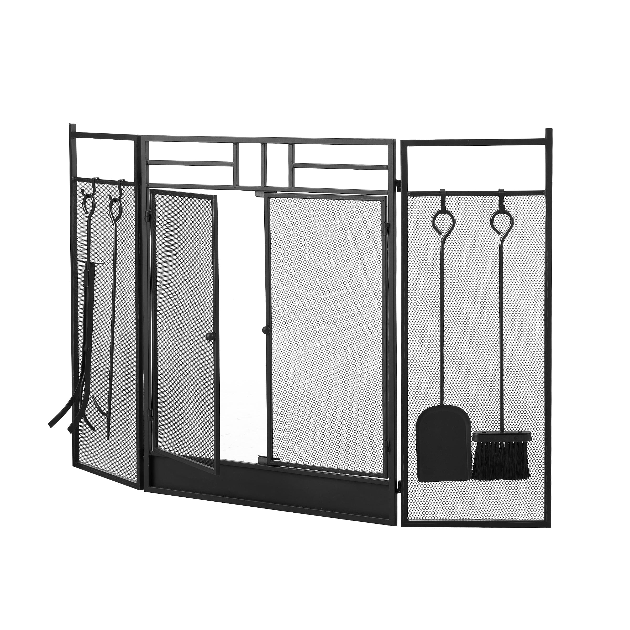 Smallbee Black Powder-Coated Iron Fireplace Screen with 4-Piece Tool Set – 122x1.3x80cm Smallbee UK 