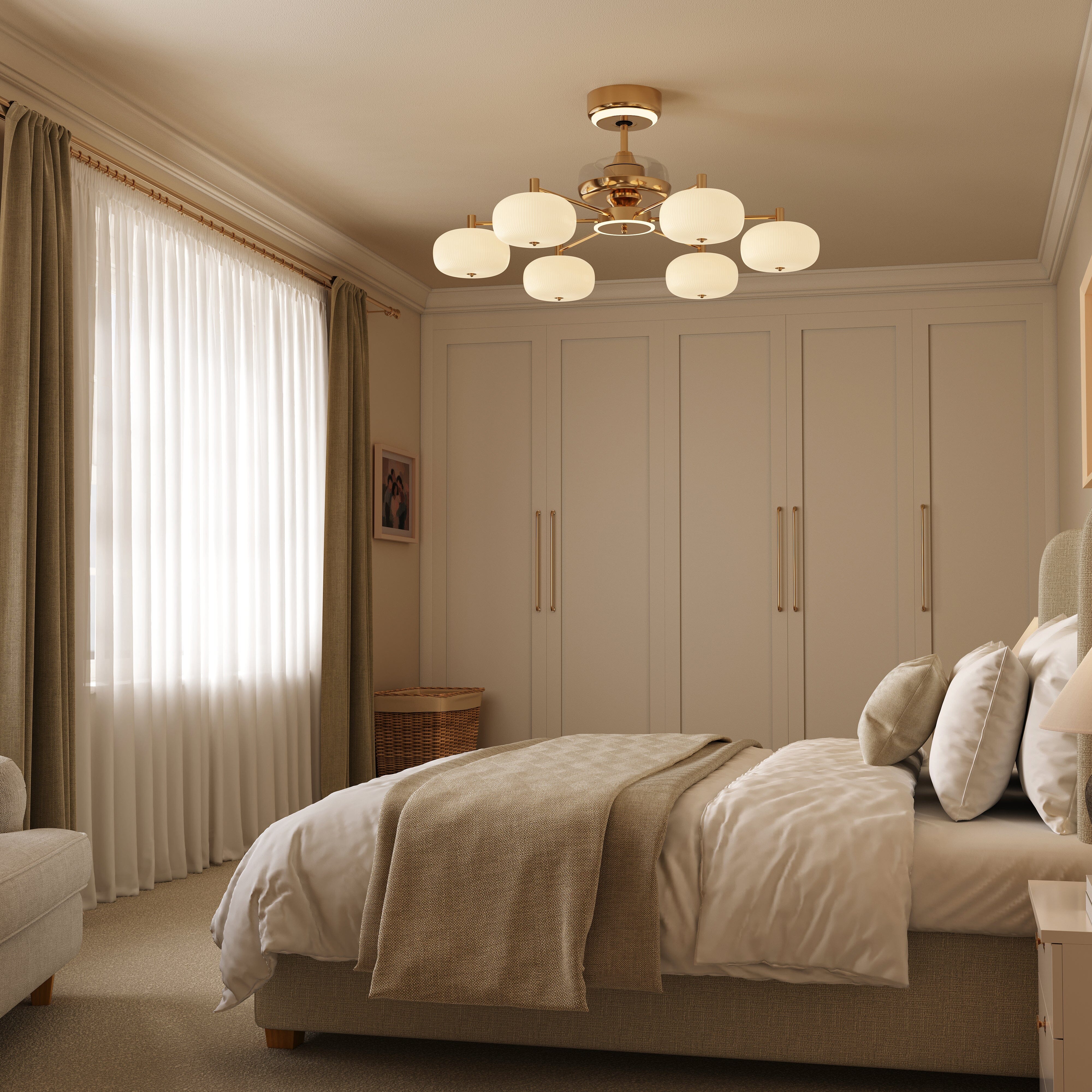 Copper acrylic ceiling fan light above a neutral bedroom with curtains