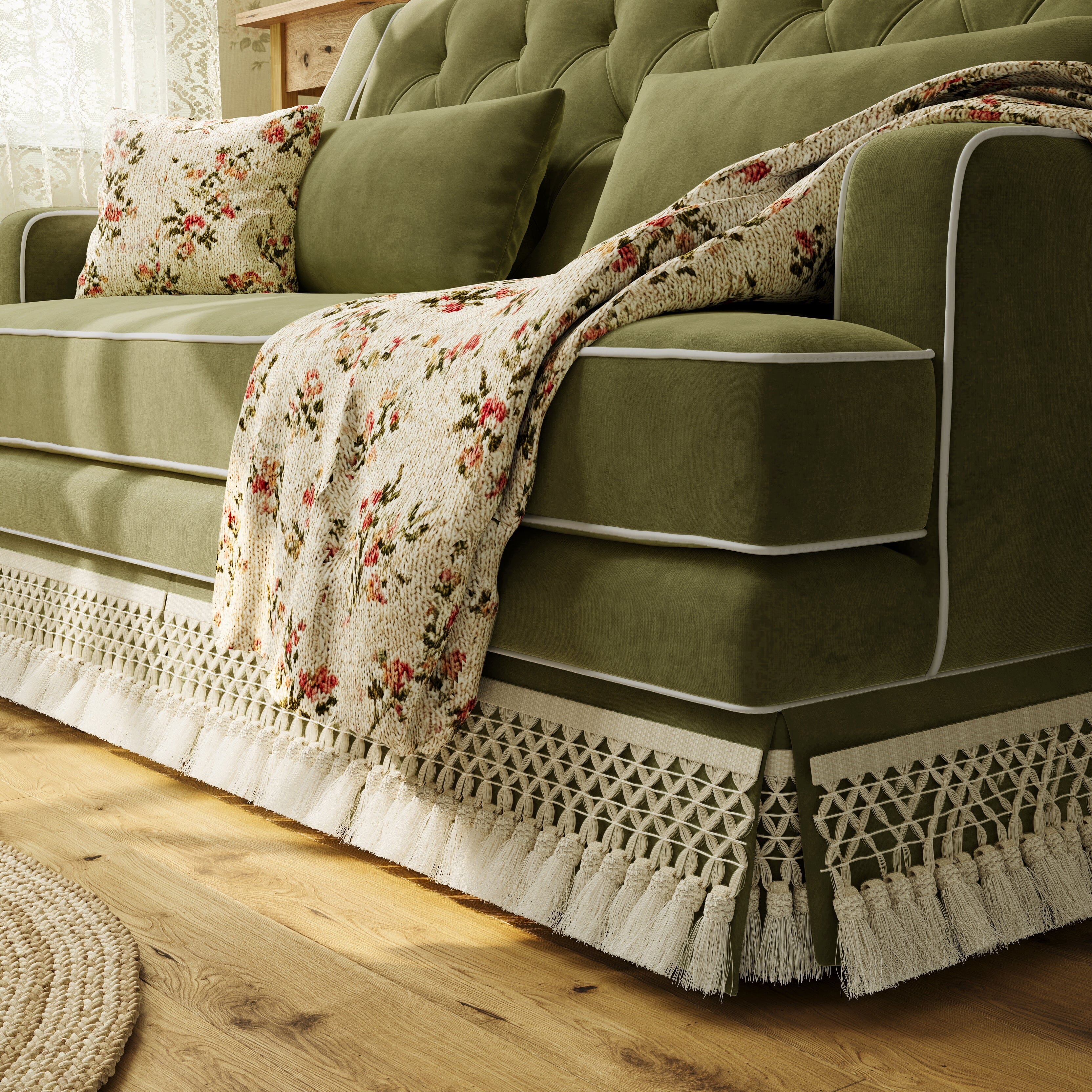 Cottonfy country fringe skirt sofa in cottagecore living room UK