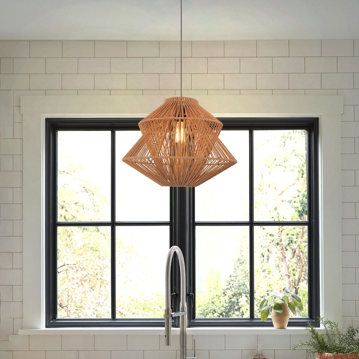Lightsin Khaki Handwoven Paper Rope Pendant Light with Iron Frame Lightsin UK 