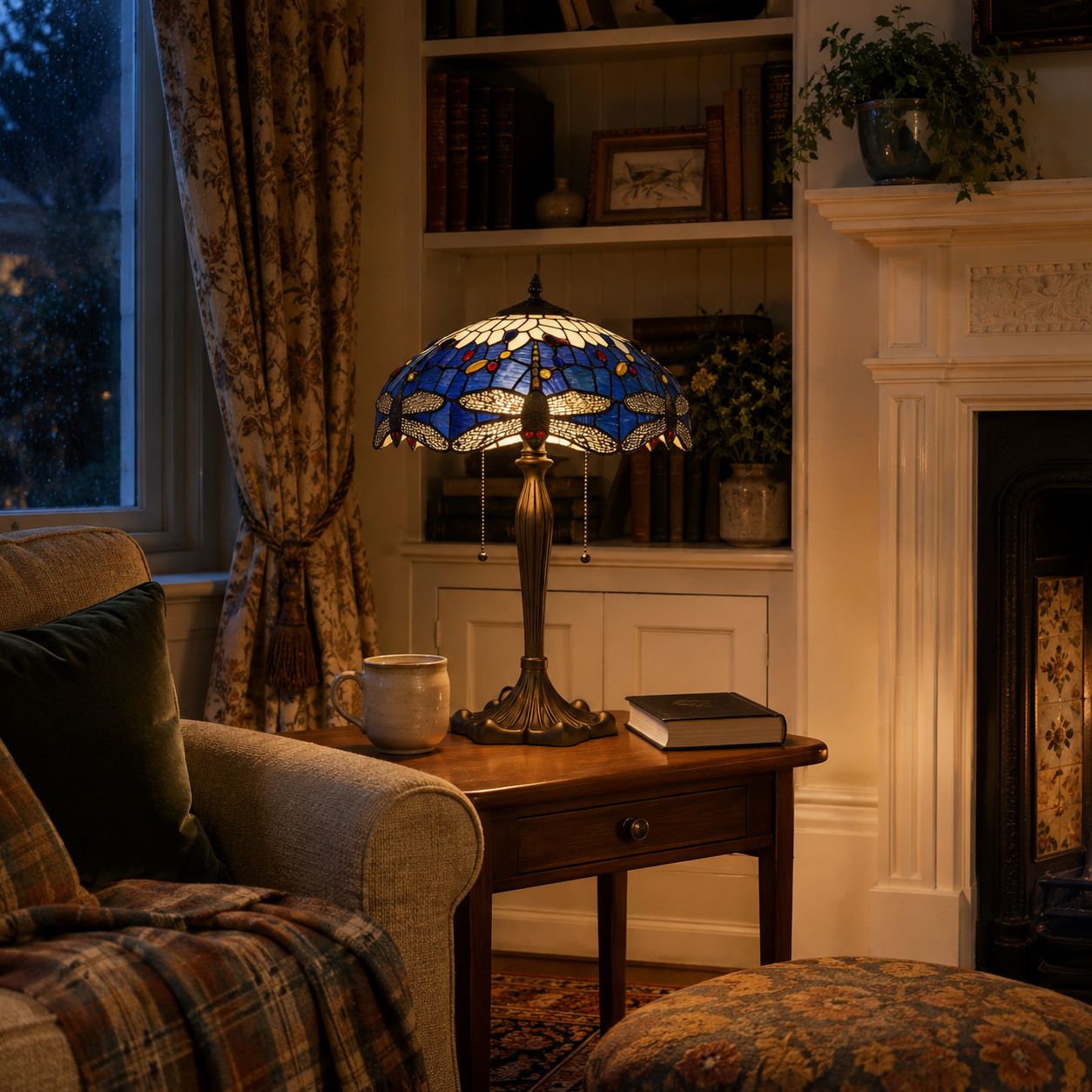 Blue dragonfly table lamp beside a fireplace and lounge chair