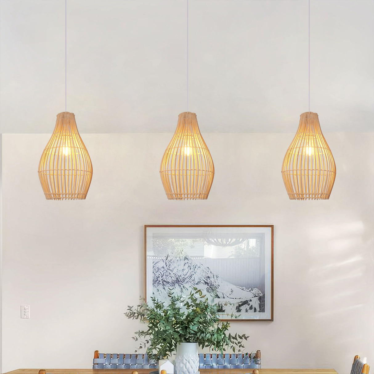 Lightsin Natural Rattan and Bamboo Pendant Light with Iron Frame Living and Home 