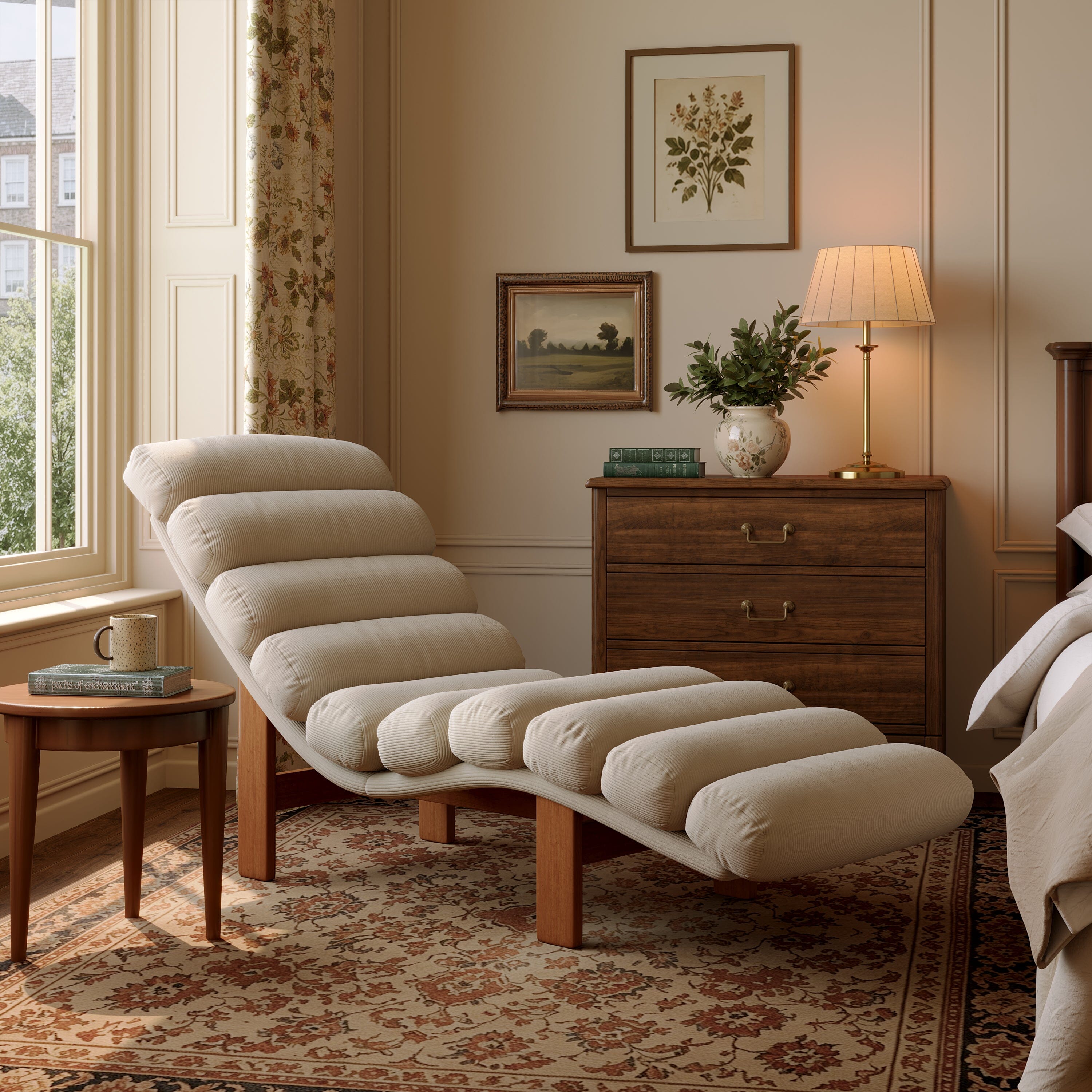 Cottonfy Modern Ergonomic Corduroy Chaise Lounge with Natural Wooden Frame Cottonfy UK 