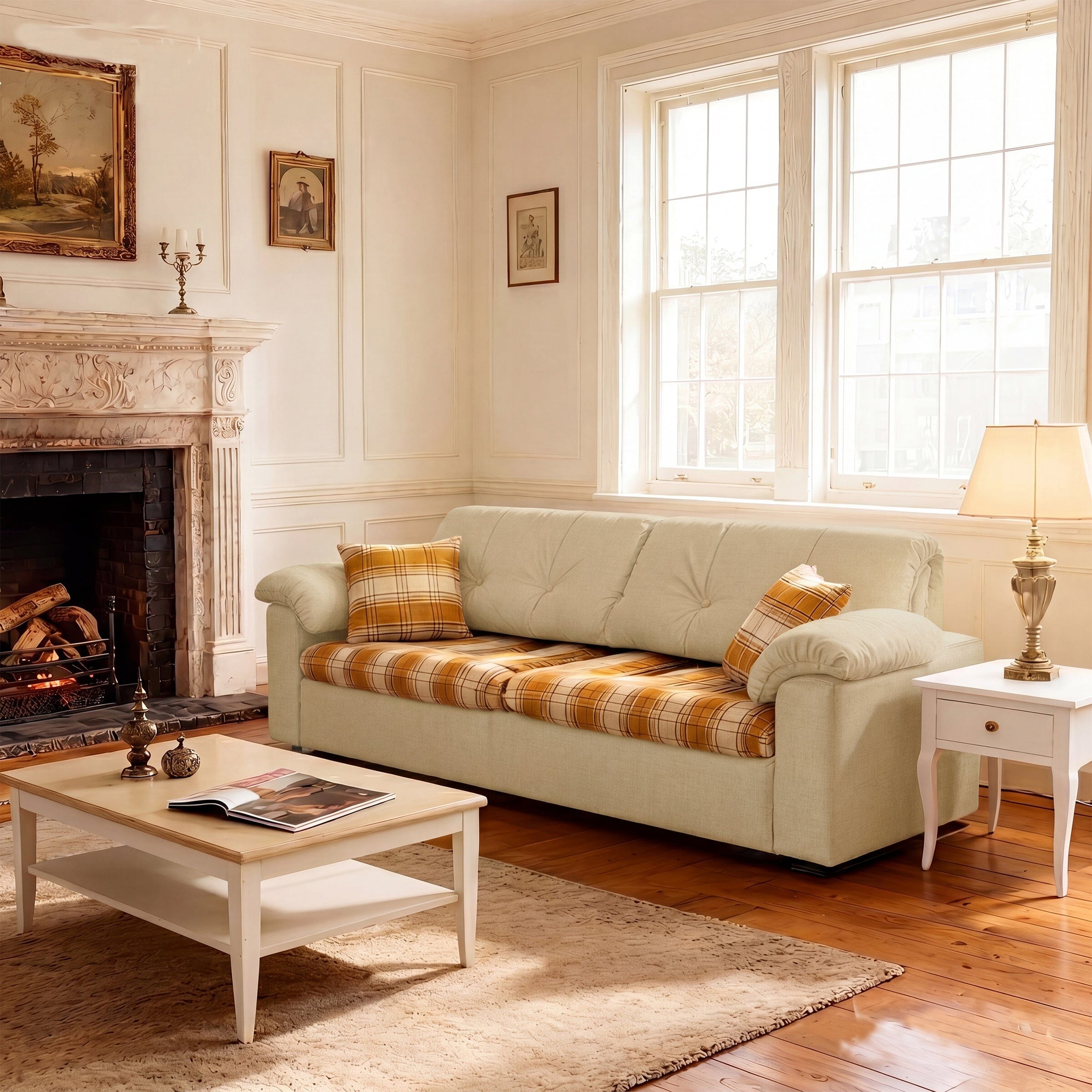 Cottonfy Classic Plaid Sofa Bed with Hidden Storage Living and Home 165 CM Cream Mellow Plaid Cotton Linen 
