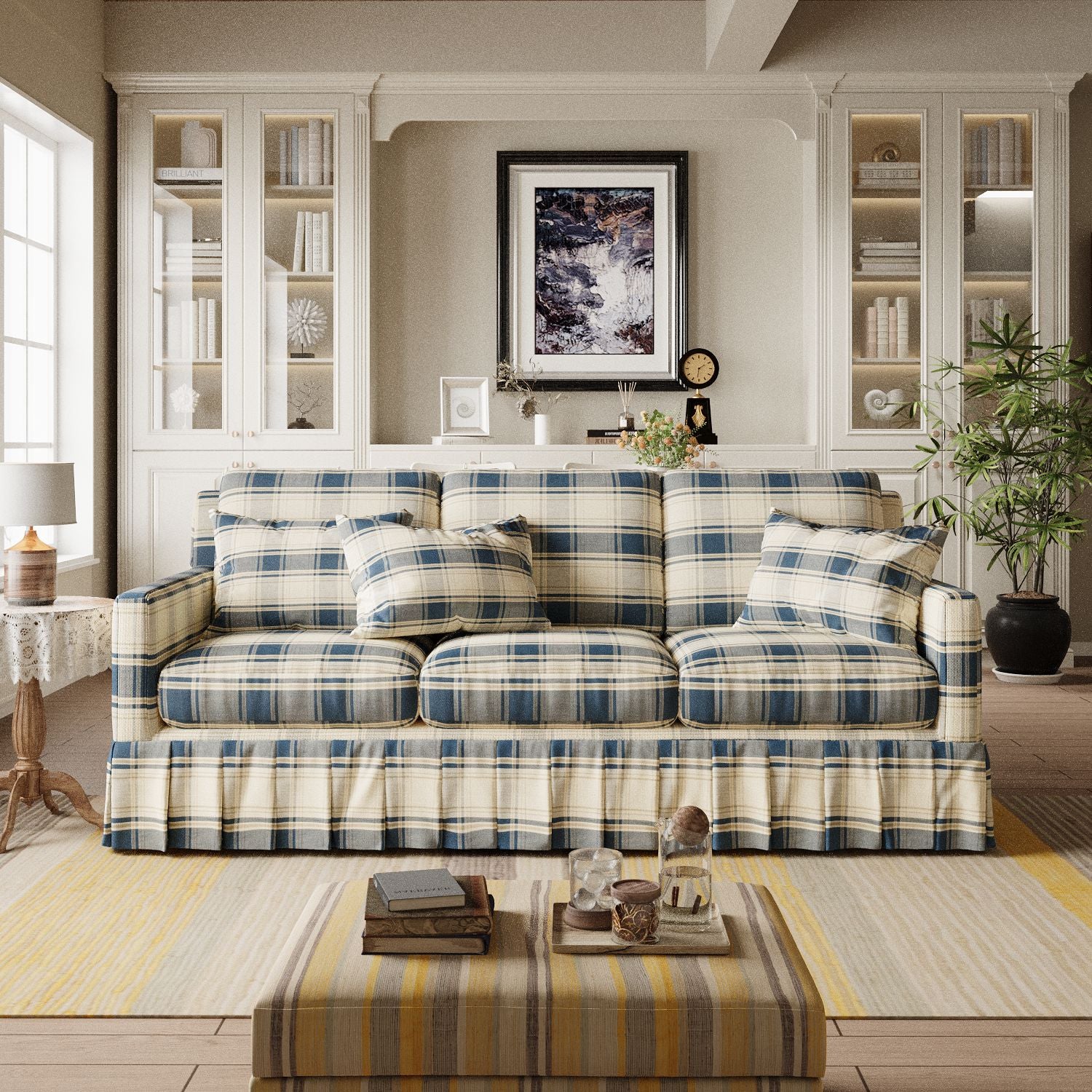 Cottonfy Elegant 3 Seater Striped Sofa with Removable Covers and Skirted Base Living and Home 