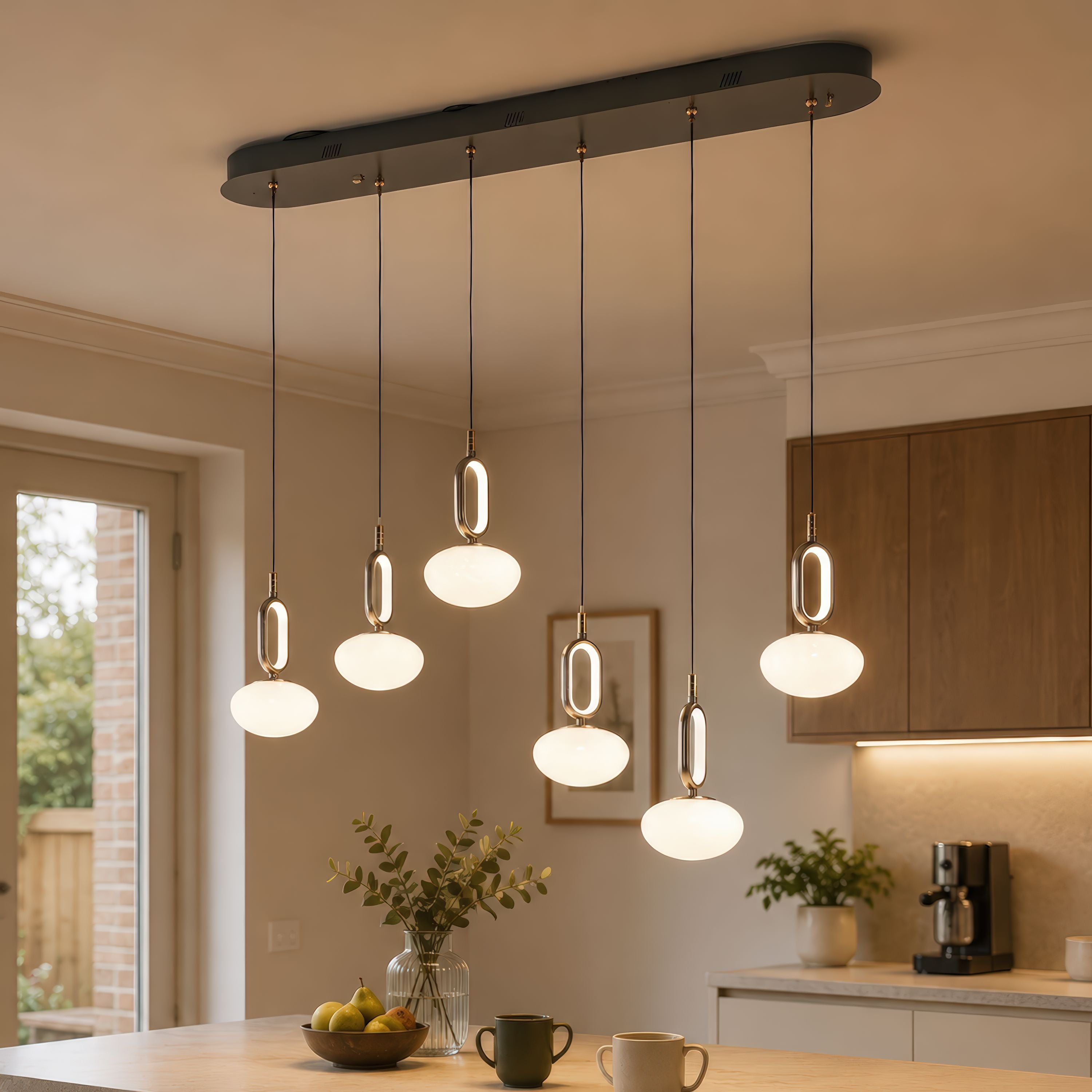 cloud glass pendant light above a bright kitchen island