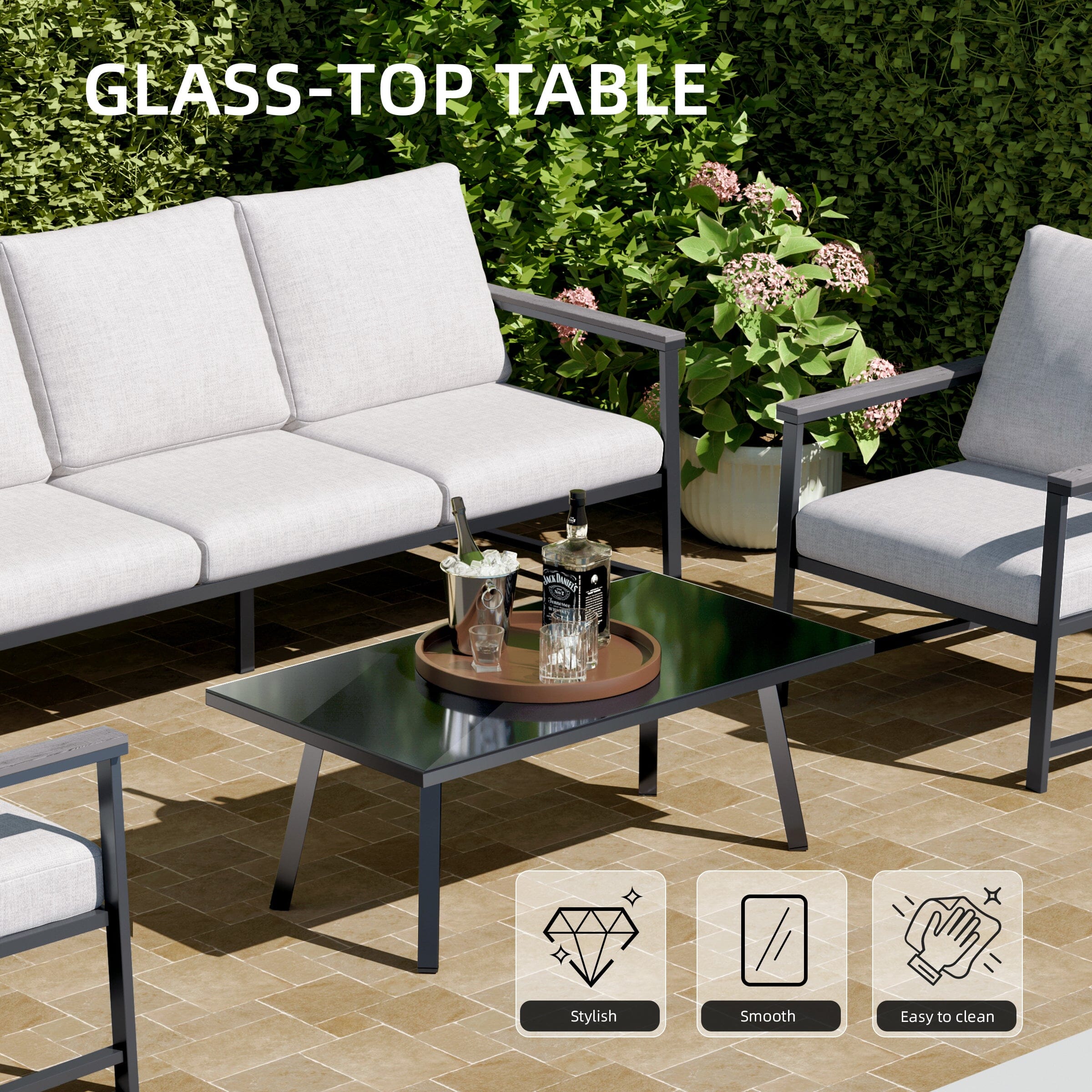 4 Piece Aluminium Outdoor Sofa Set with Glass Table Garden Furniture Living and Home 