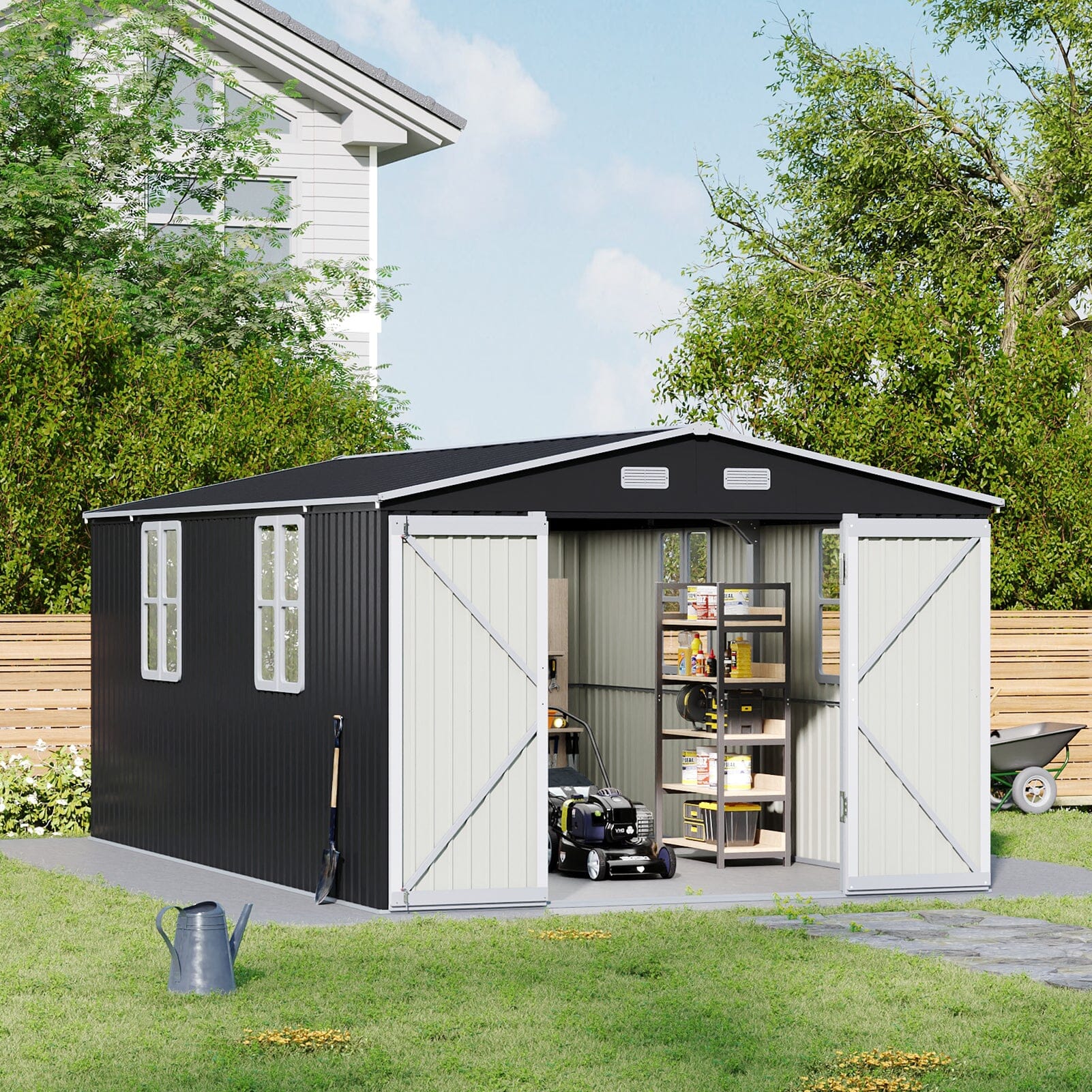 12x10ft / 10x12ft / 10x16ft Charcoal Black Galvanized Steel Storage Shed with Double Lockable Doors & Grid Windows Living and Home 10X16ft 
