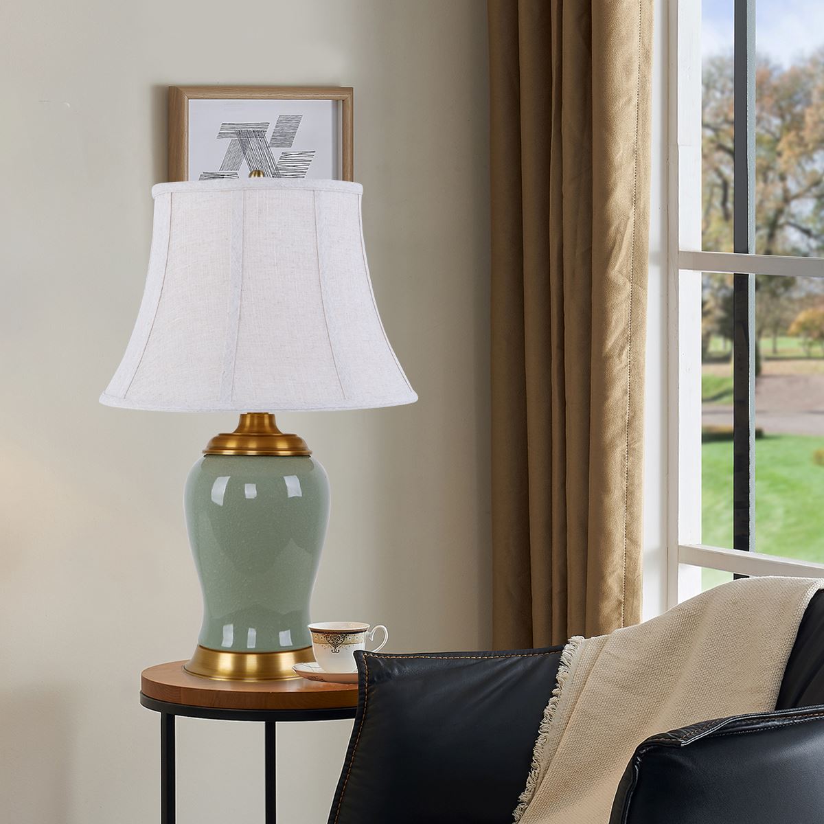 Lightsin Vintage Green Crackle Ceramic Table Lamp with Fabric Shade Lightsin UK 