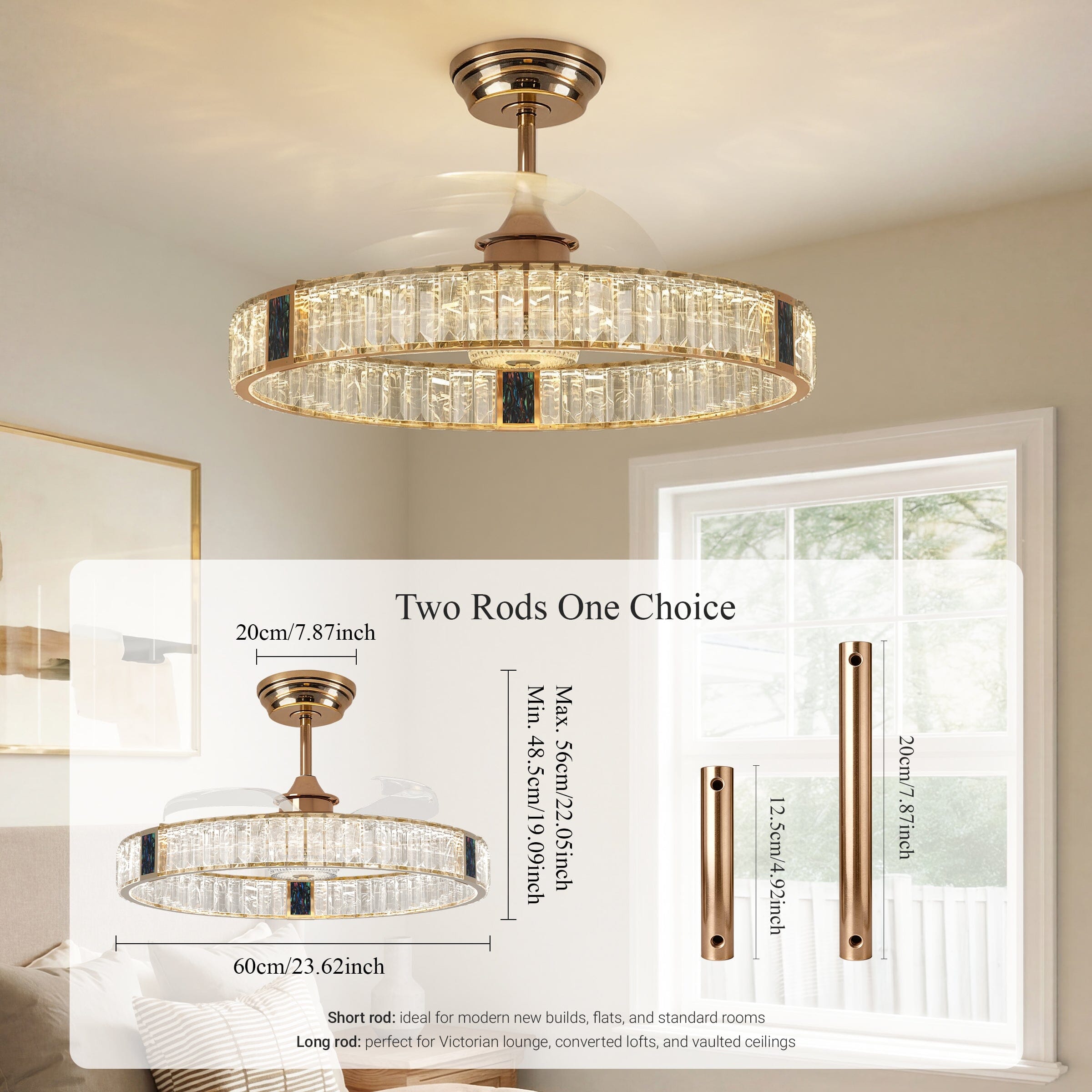Lightsin 60cm Gold Crystal Ceiling Fan with LED Light, Remote Control & 6 Speeds Lightsin UK 