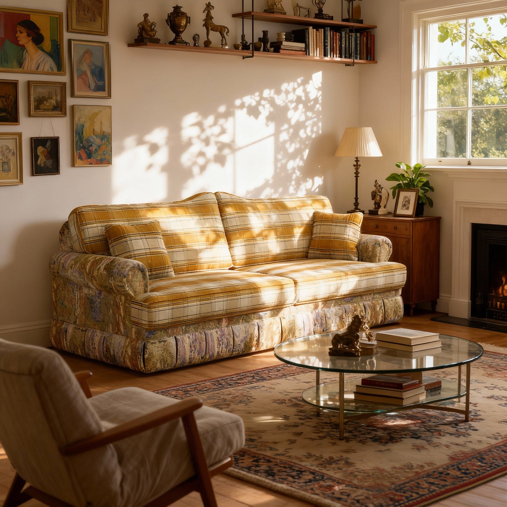 Cottonfy Heritage Plaid Skirted Sofa with Concealed Storage Drawers Living and Home 180 CM Amber Check Cotton Linen 