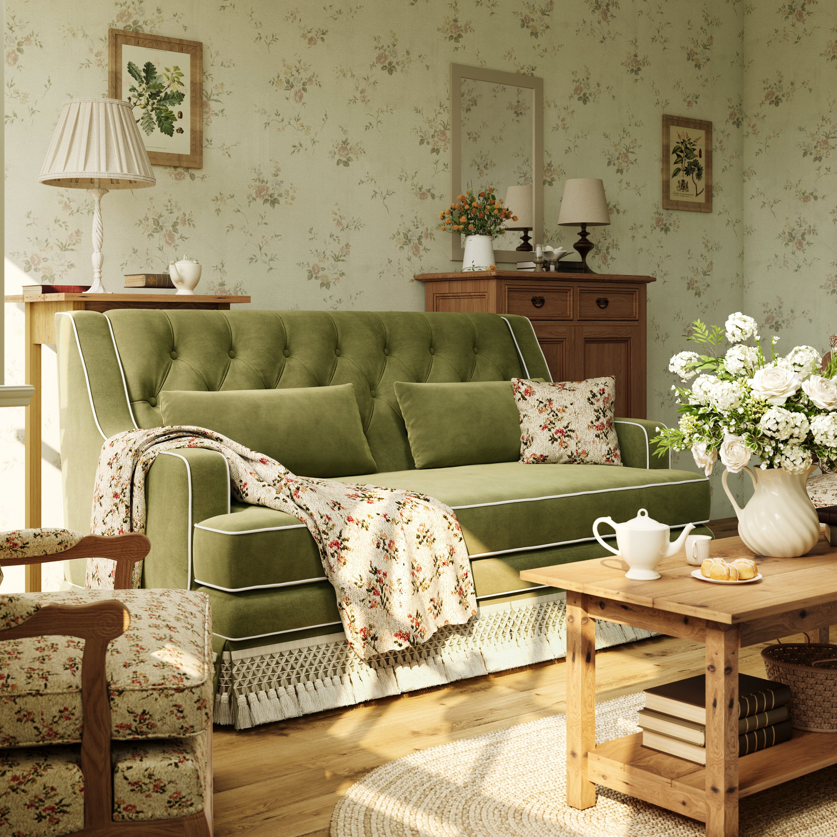 Cottonfy country fringe skirt sofa in cottagecore living room UK