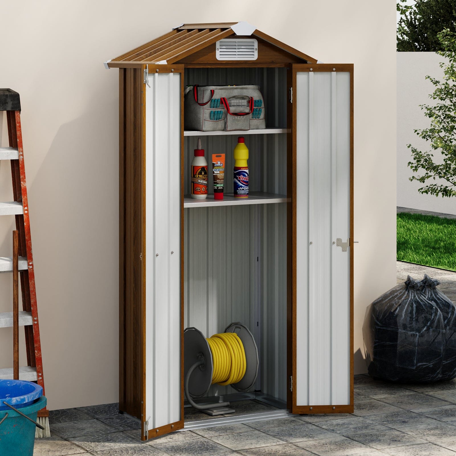 2.7*1.9FT Apex Roof Yellow Wood Grain Tool Cabinet Living and Home 