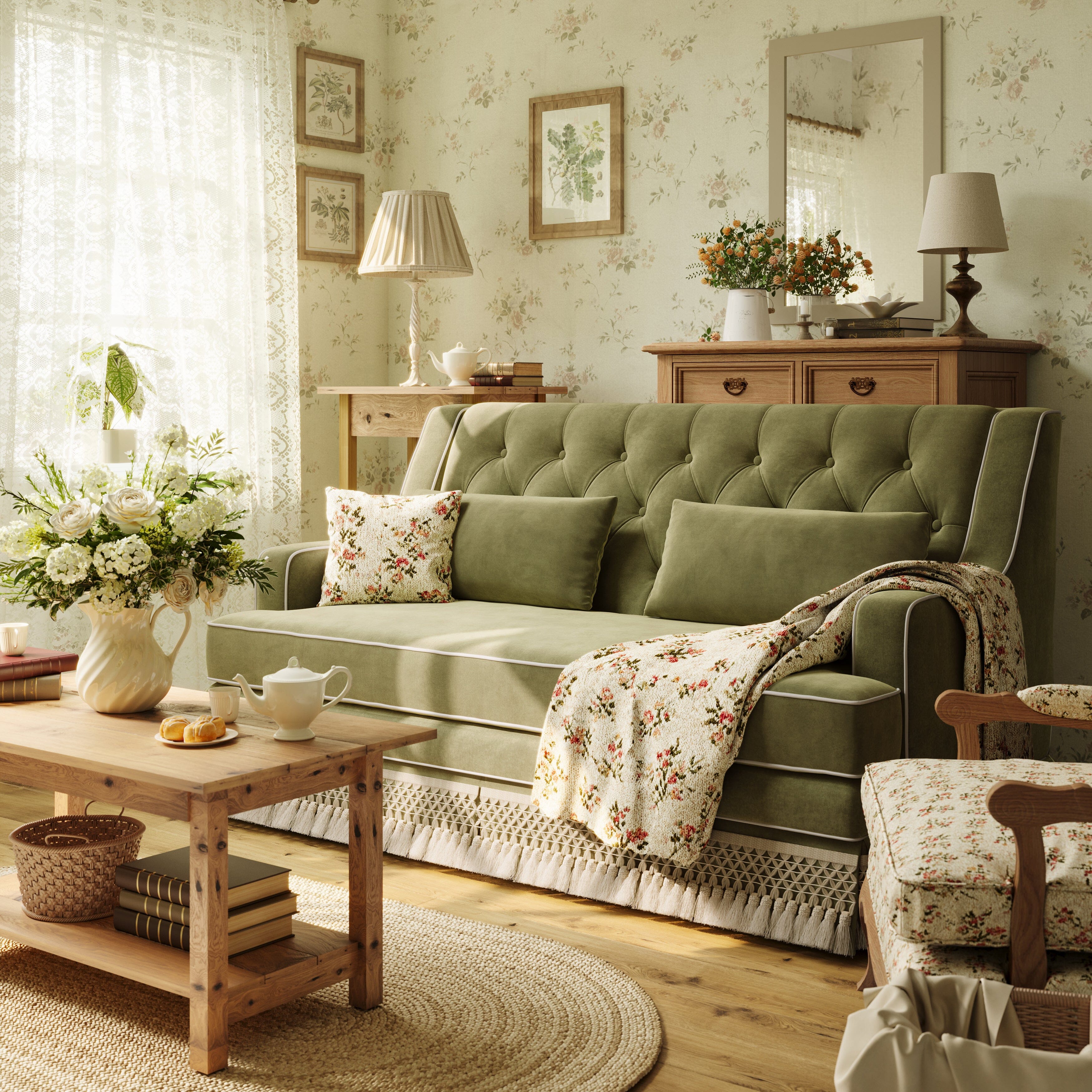 Cottonfy country fringe skirt sofa in cottagecore living room UK