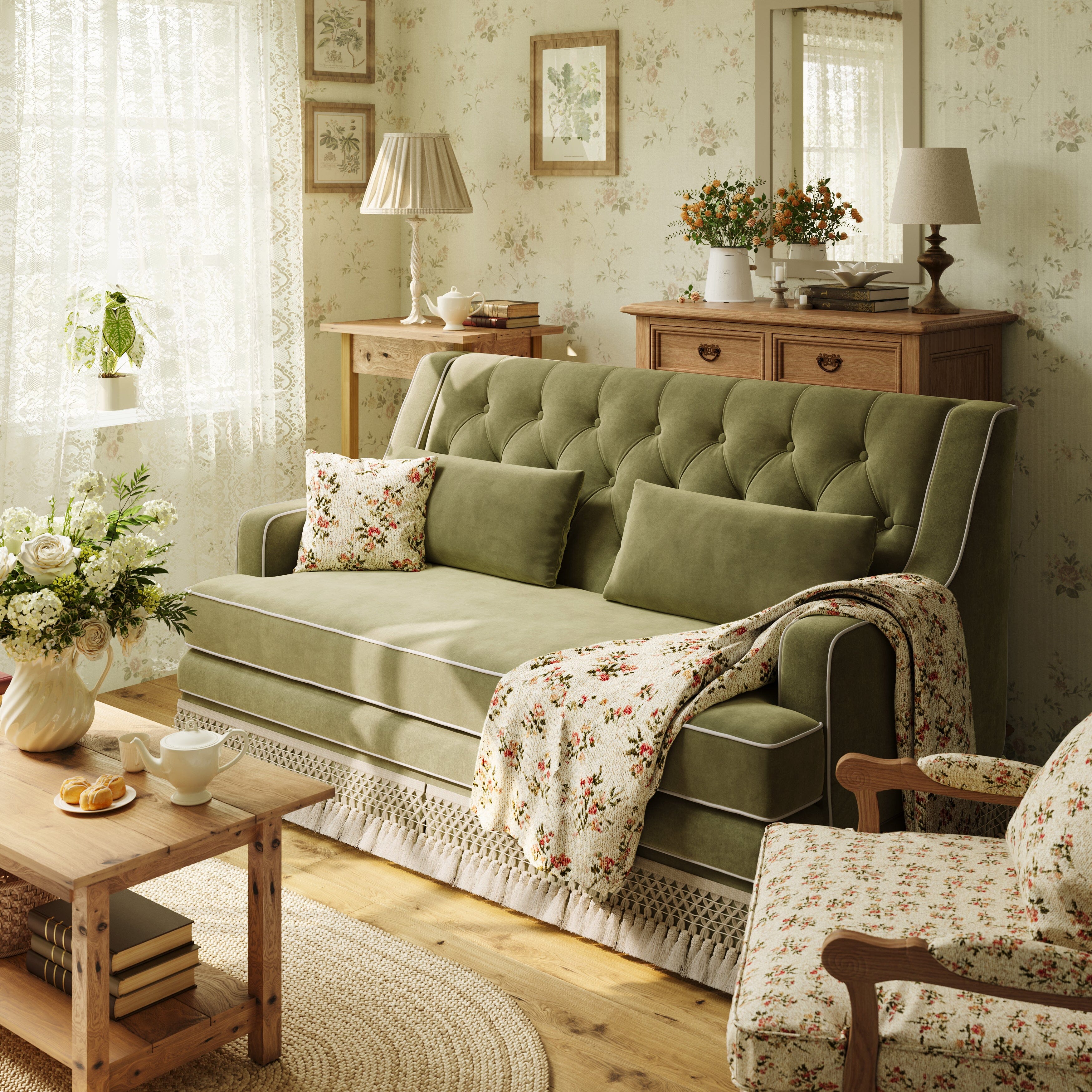 Cottonfy country fringe skirt sofa in cottagecore living room UK