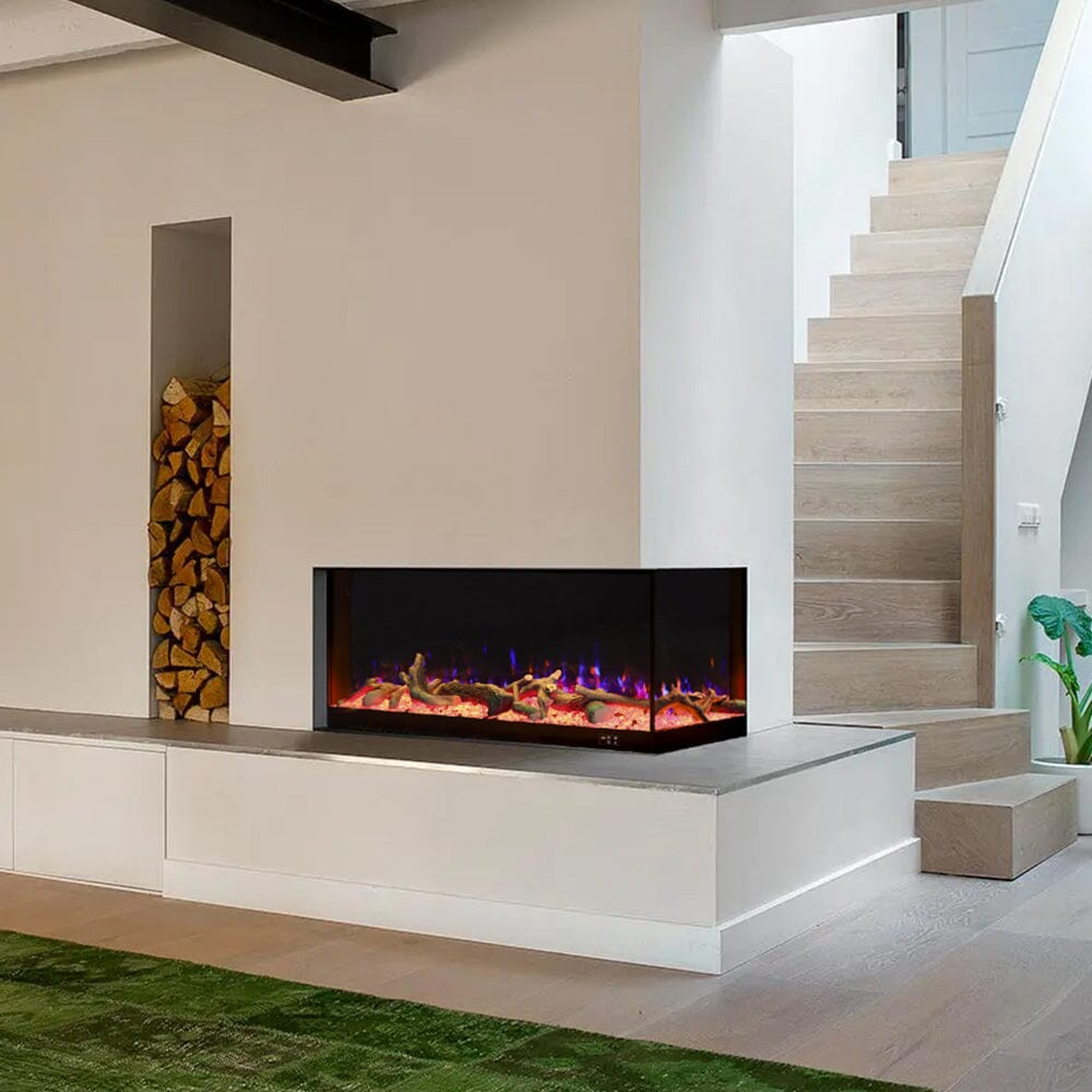 Smallbee 117cm/150cm L-Shaped Electric Fireplace – WiFi Control, LED Display, Resin Logs & Crystal Stones with Heating Smallbee UK 