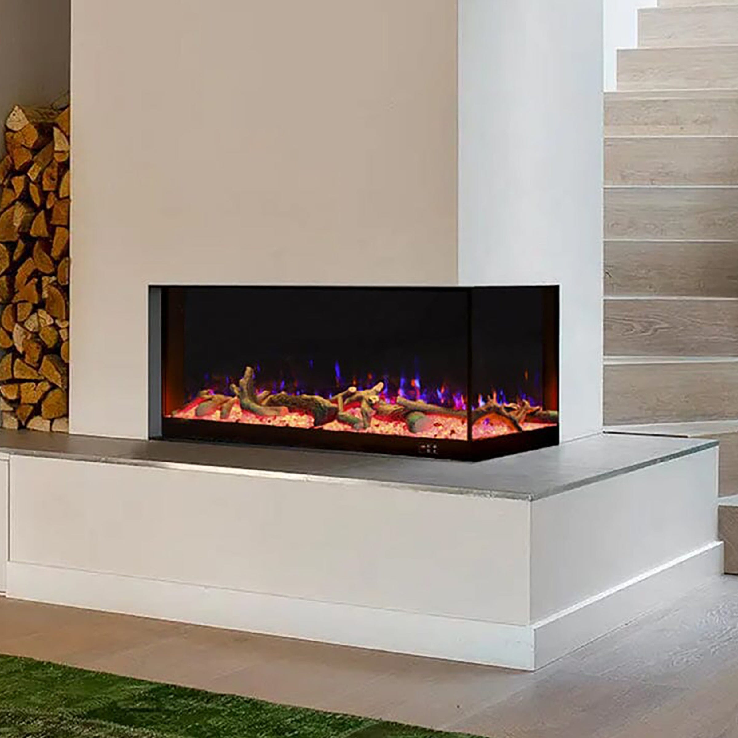 46/60inch L-Shaped Electric Fireplace – WiFi Control, LED Display, Resin Logs & Crystal Stones with Heating Living and Home 