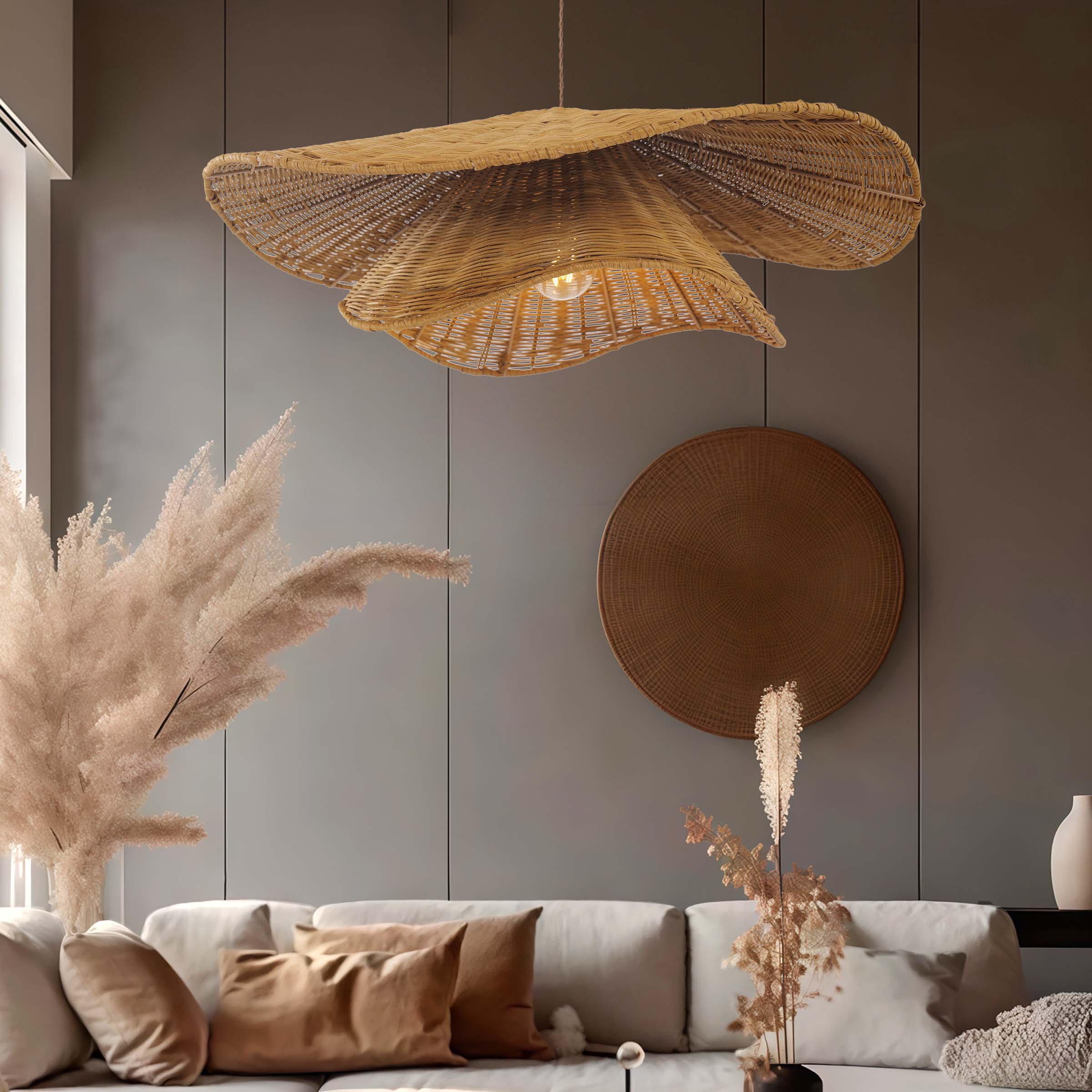 Lightsin Woven Rattan and Iron Pendant Light – Organic Ceiling Pendant Light for Dining Room, Living Room, and Modern Rustic Interiors Lightsin UK 