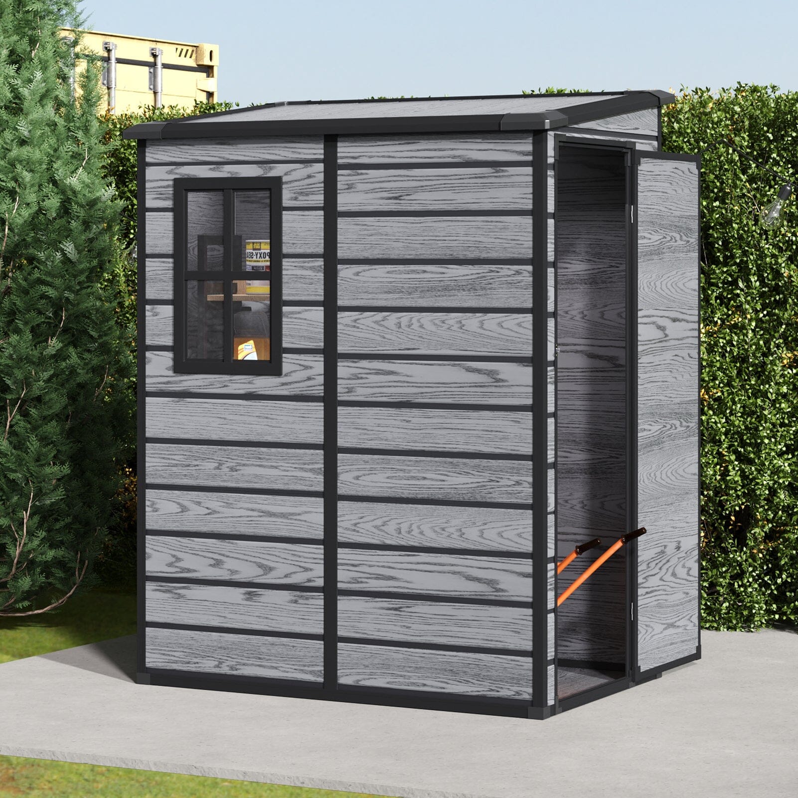 5x3ft / 5x4ft Plastic Garden Storage Shed with Front and Size Door for Bikes and Tools Living and Home 5x4ft Size Door Dark Grey Wood Grain 