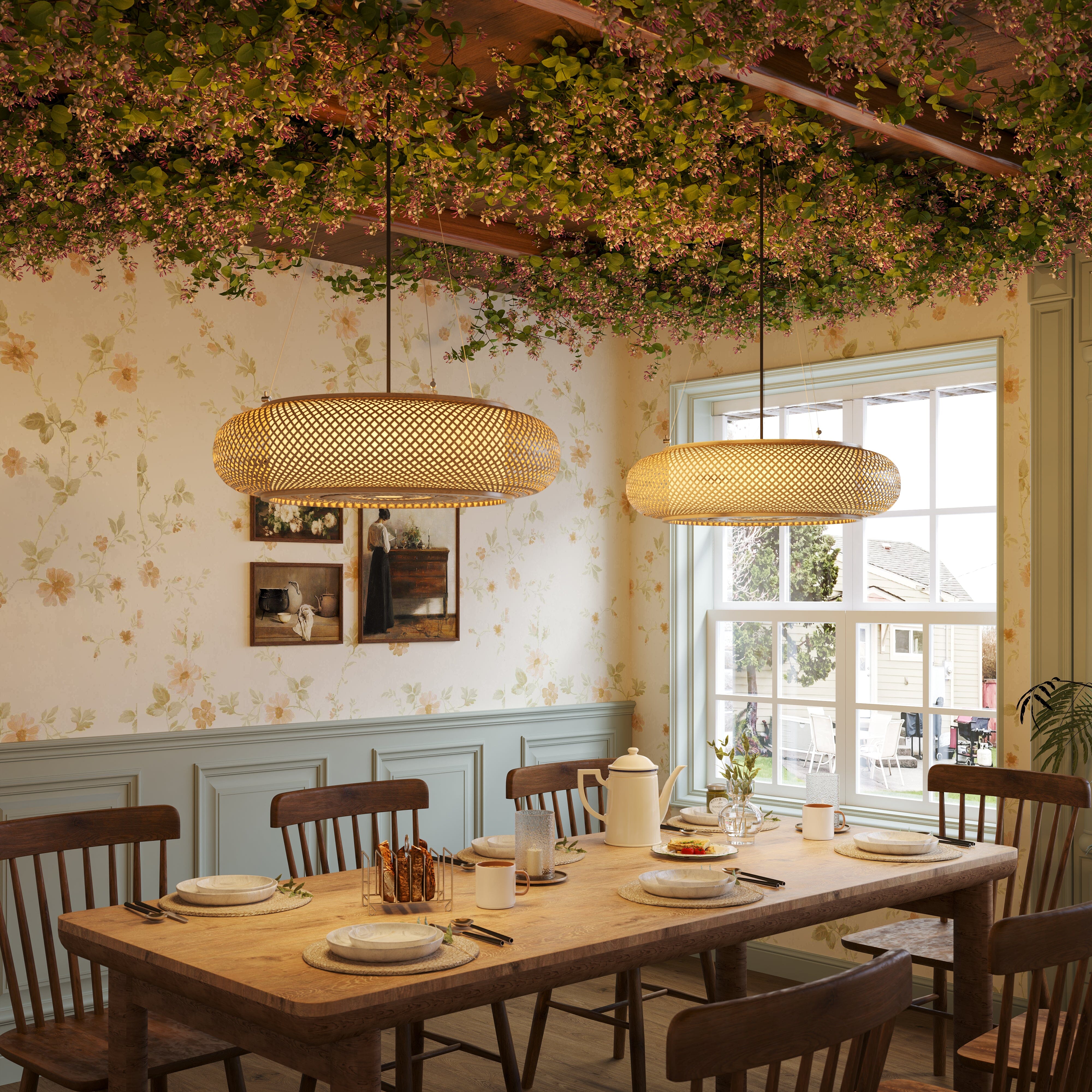 pair of bamboo pendant lights near a dining room window