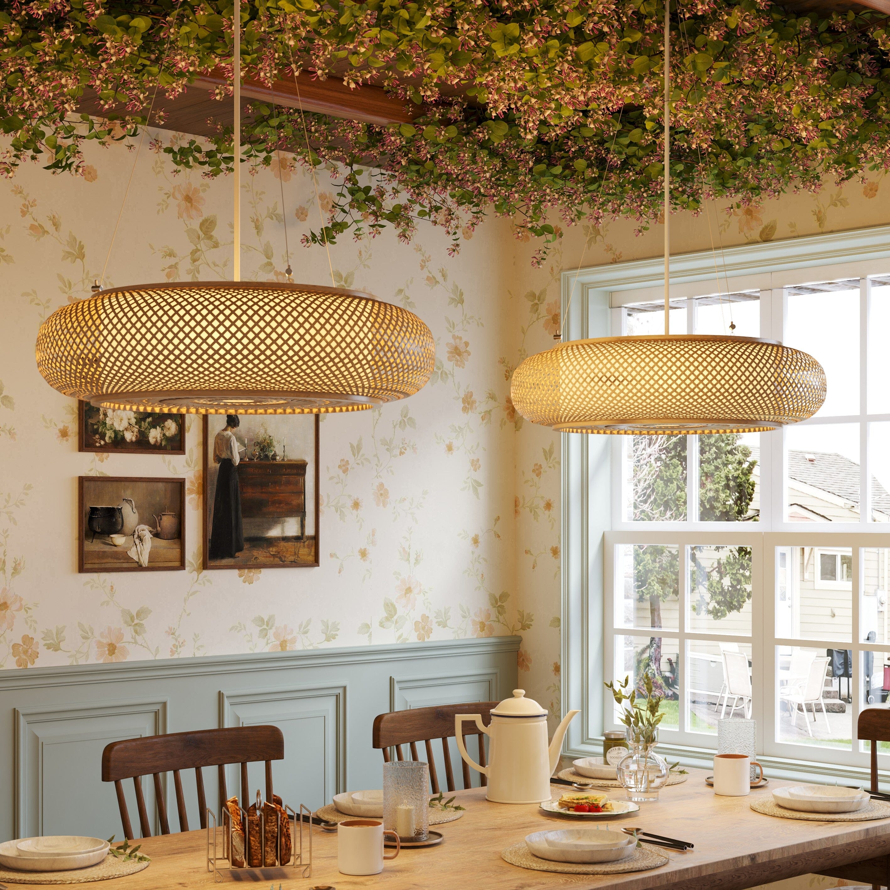 Lightsin Lutta-Japanese-Style Bamboo Rattan Pendant & Ceiling Light – Flat Flush Mount or Hanging Fixture for Bedroom, Living Room & More Lightsin UK Pendant light Dia 40cm 2 Units