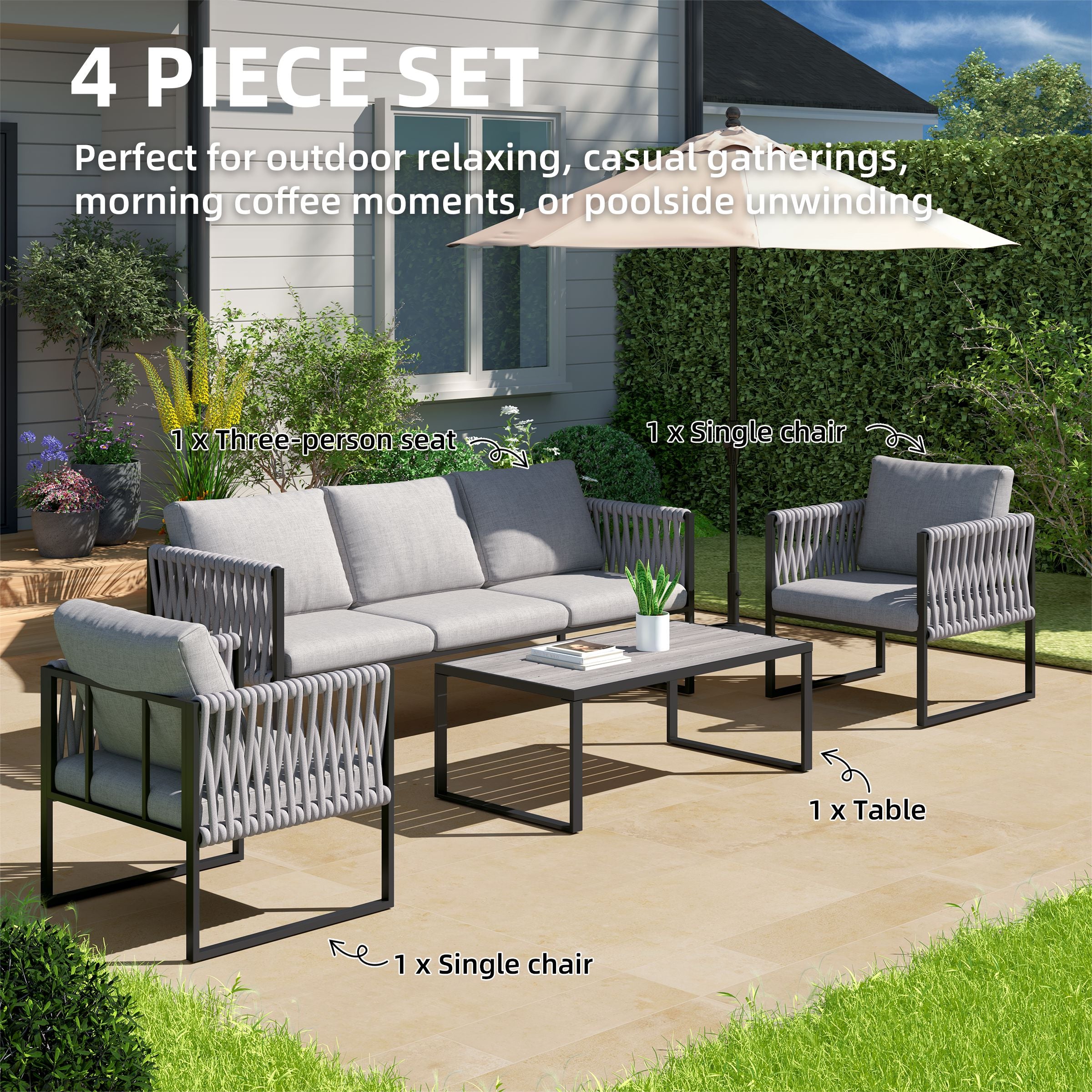 4 Piece Outdoor Garden Sofa Set with Rope Detailing and Sturdy Metal Frame Living and Home 