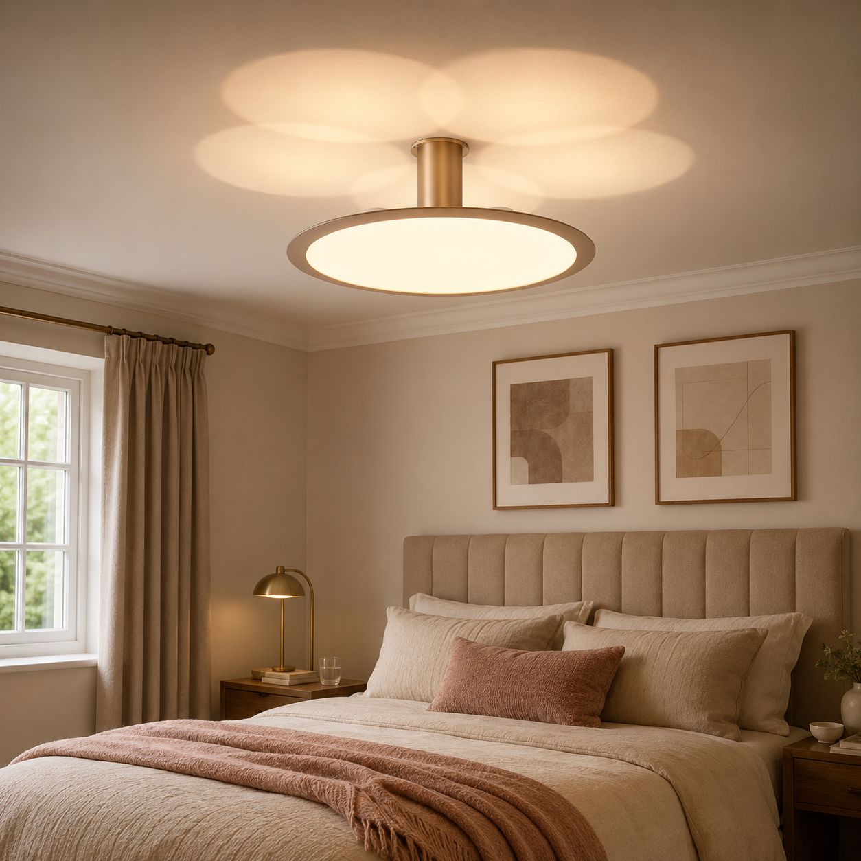 rose gold aluminum pendant light above a neutral bedroom