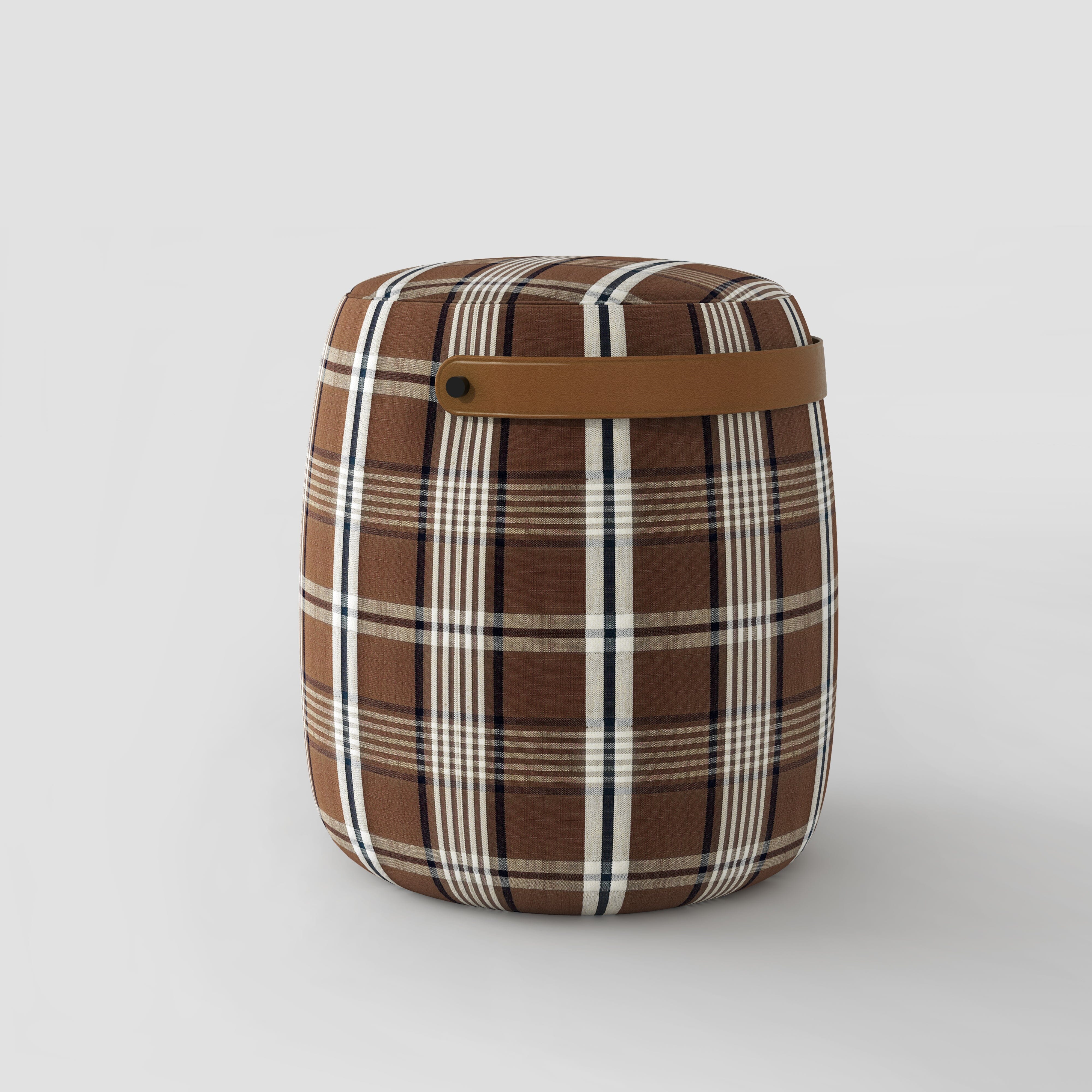 Haven British Check Round Pouffe Footstool with Leather Handle Cottonfy UK Espresso Coffee In Stock 