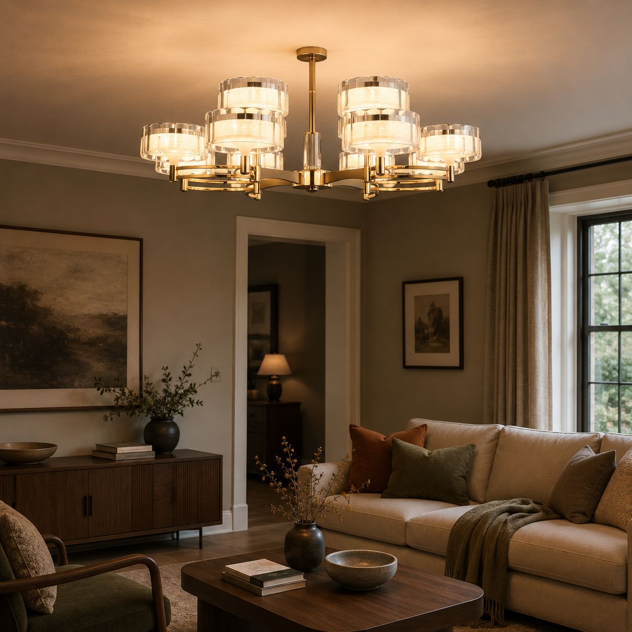gold metal chandelier in a warm living room corner