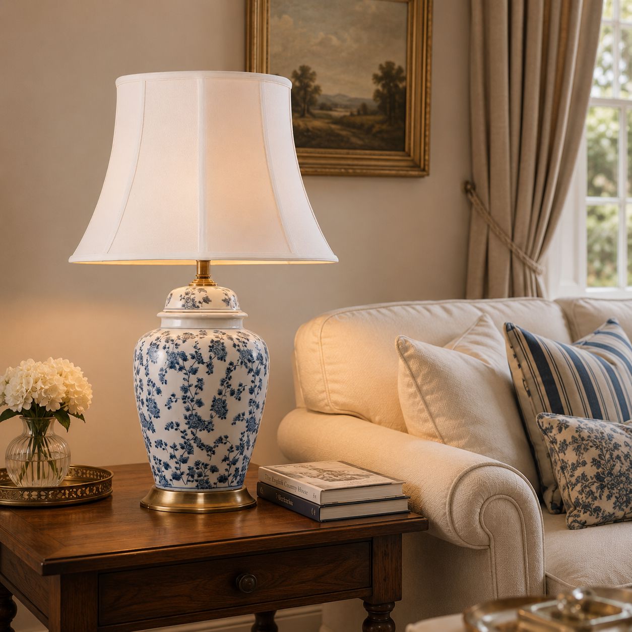 Lightsin Blue Floral Ceramic Table Lamp with Fabric Shade and Brass Base Lightsin UK 