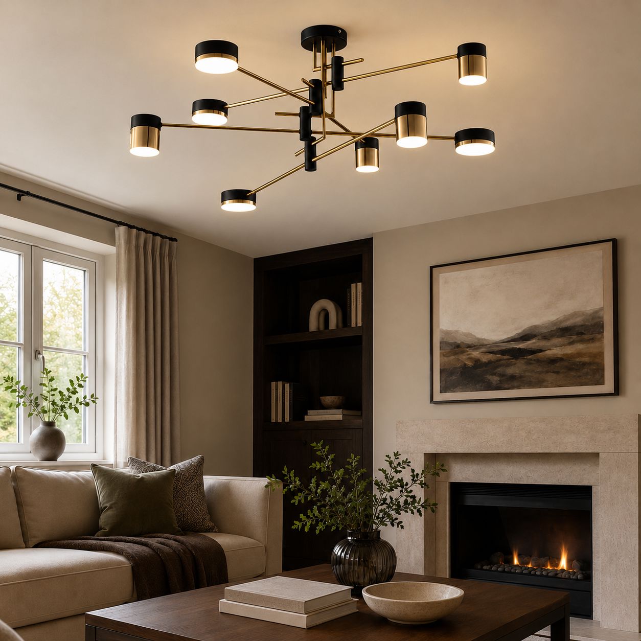 black and gold ceiling light in a living room with fireplace