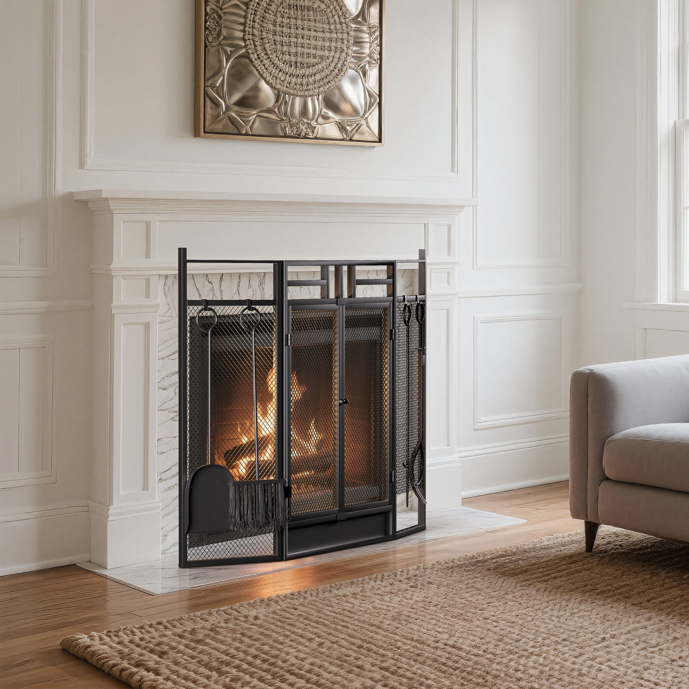 Smallbee Black Powder-Coated Iron Fireplace Screen with 4-Piece Tool Set – 122x1.3x80cm Smallbee UK 