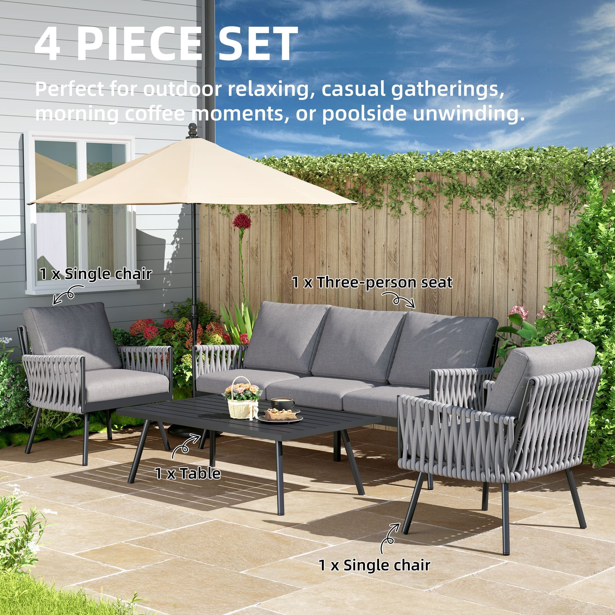 4 Piece Aluminium Outdoor Sofa Set with Glass Table Garden Furniture Living and Home 