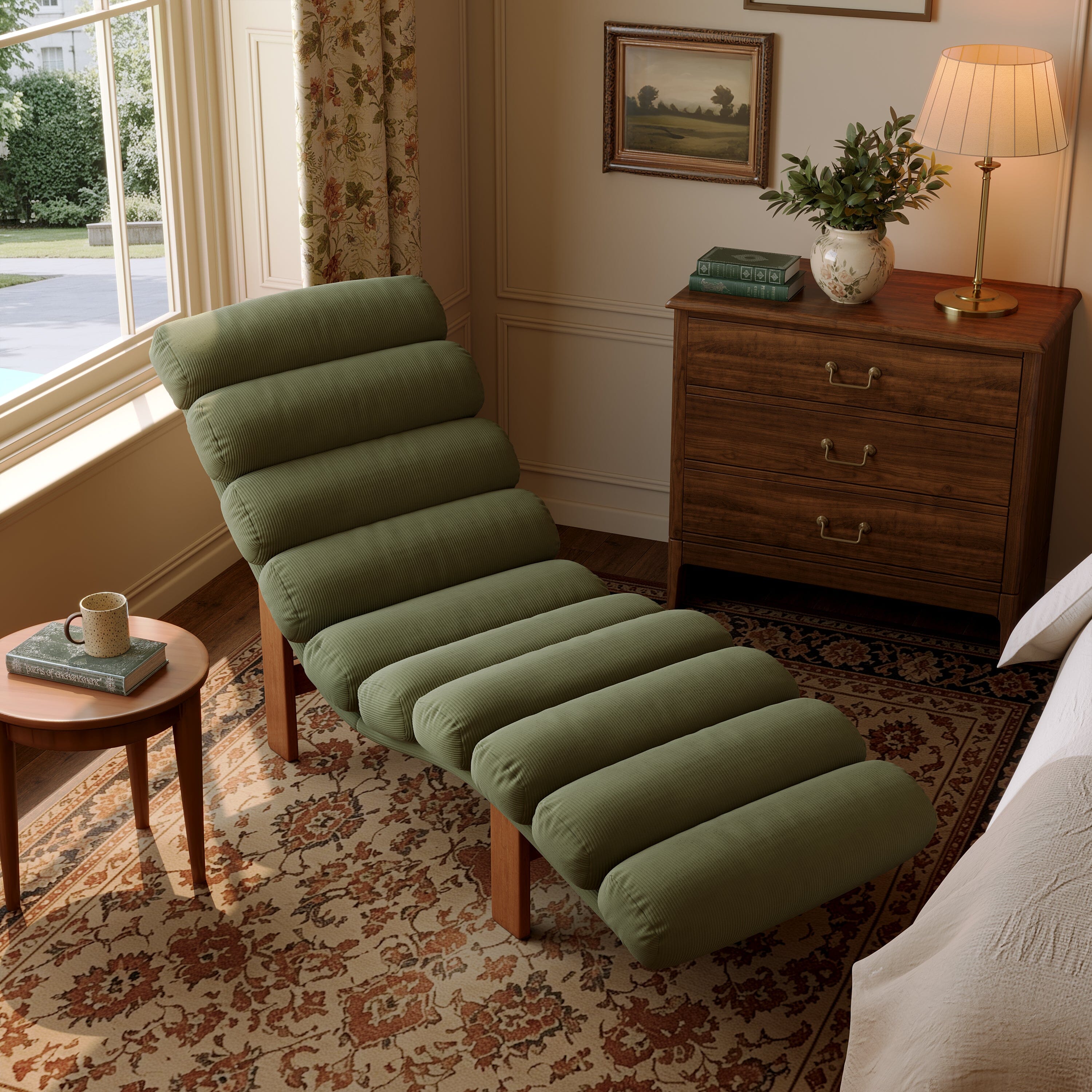 Cottonfy Modern Ergonomic Corduroy Chaise Lounge with Natural Wooden Frame Cottonfy UK 