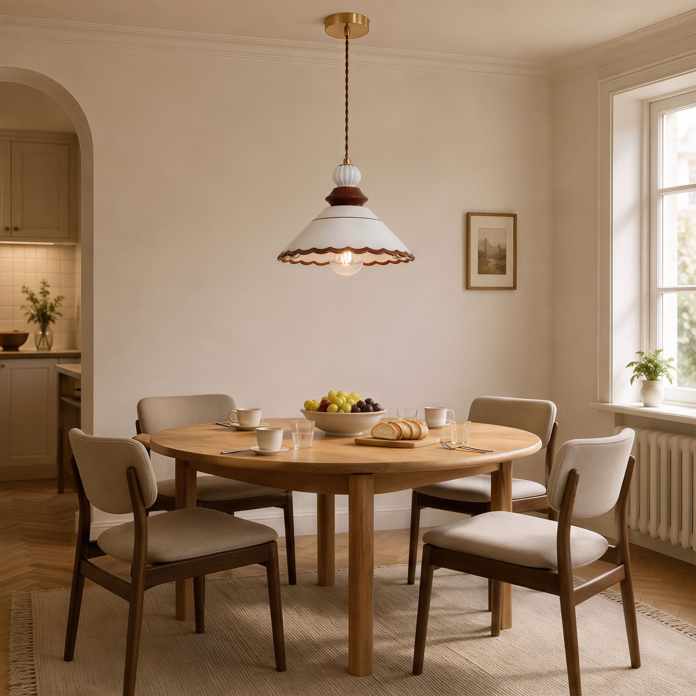 brown ceramic lace pendant light over a kitchen island