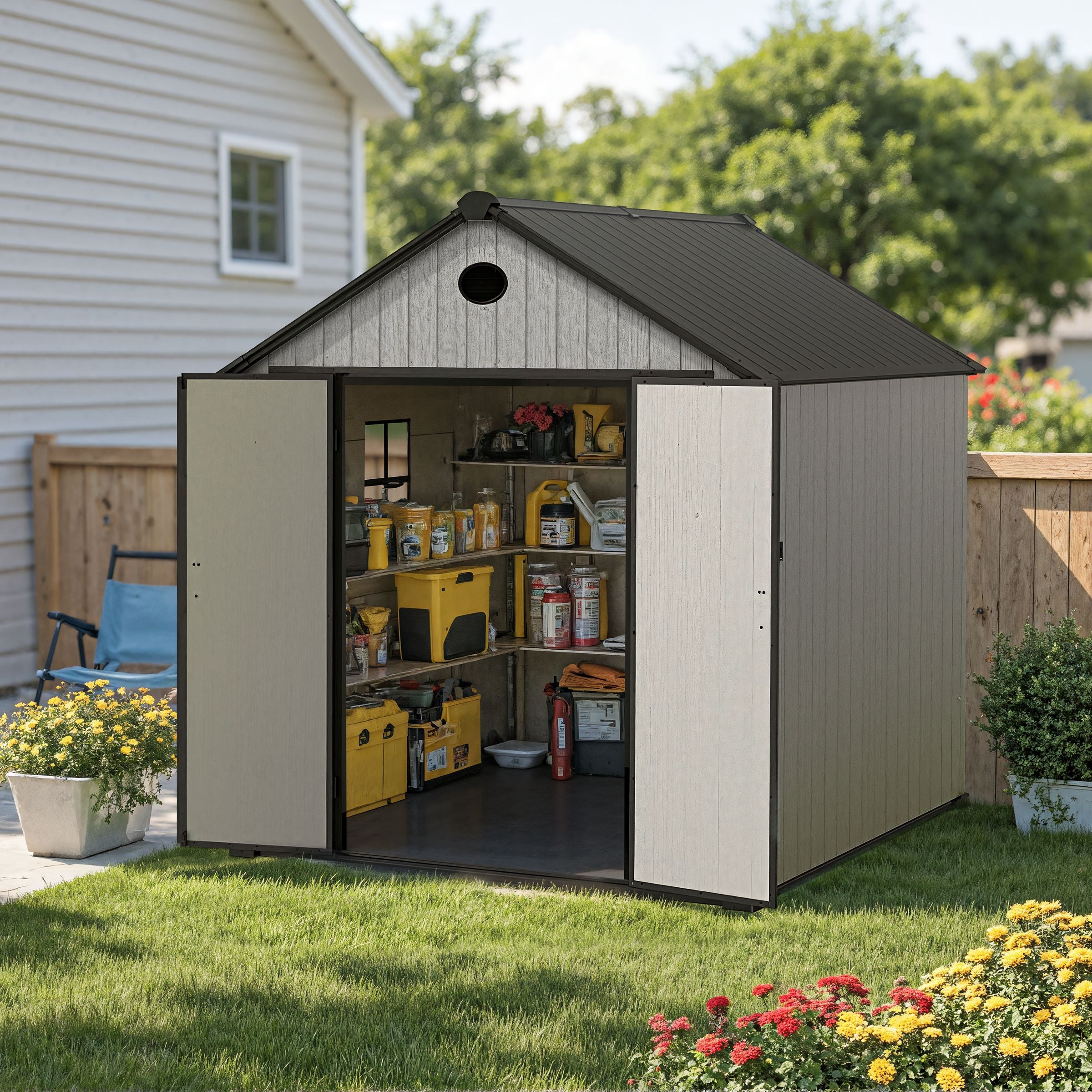 6'x8'ft/8'x8'ft/8'x12'ft/8'x16'ft Gray Wood Grain Plastic Tool Shed Living and Home 8'x8'ft 